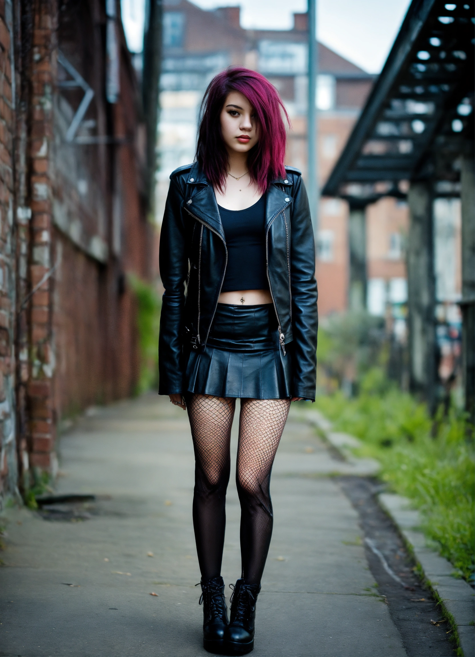 Lexica 20 year old emo girl wearing a black leather jacket skirt and fishnet stockings urban enviroment