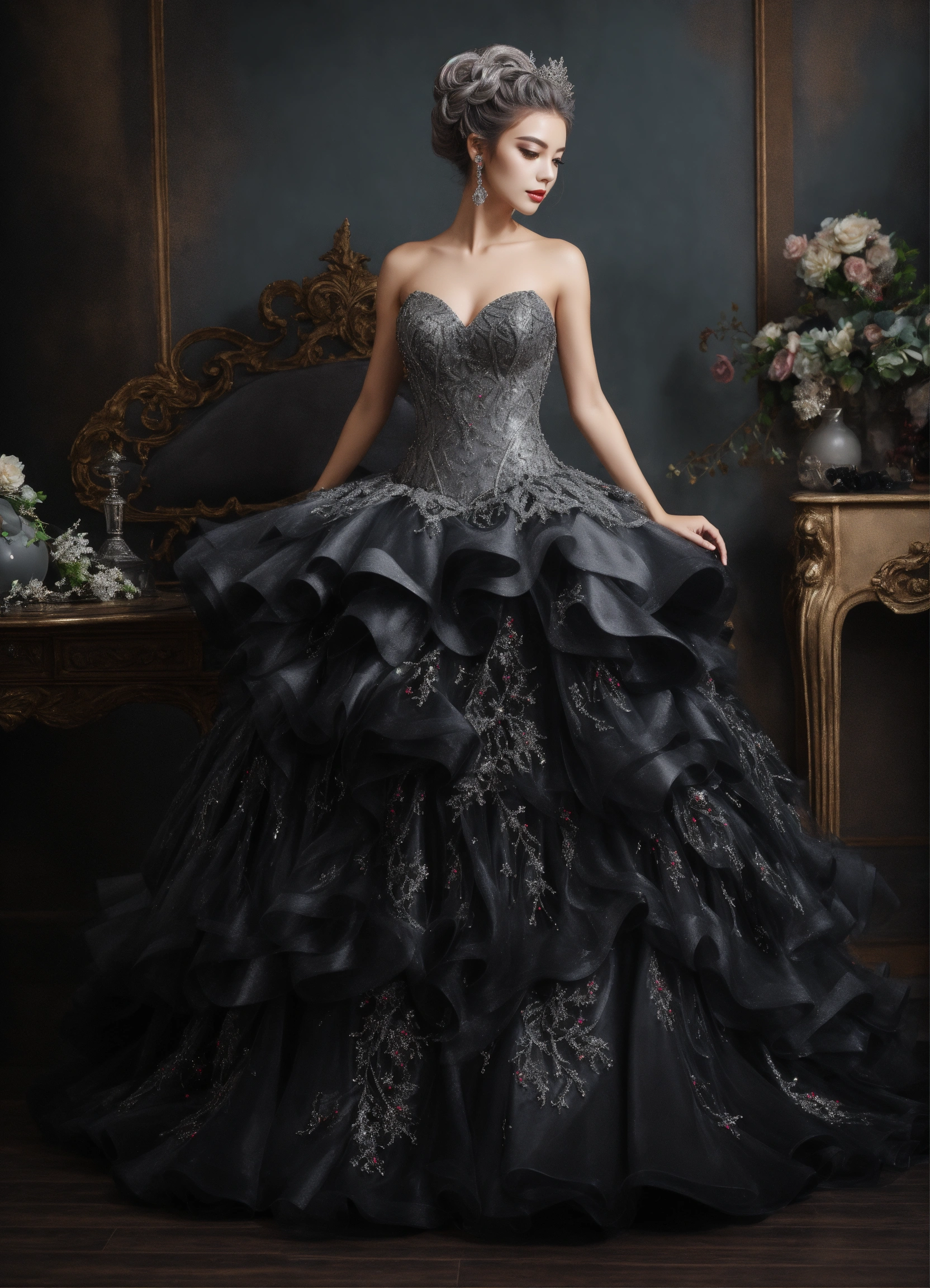 Lexica - JiU extravagant black and silver dark fantasy style ball gown ...