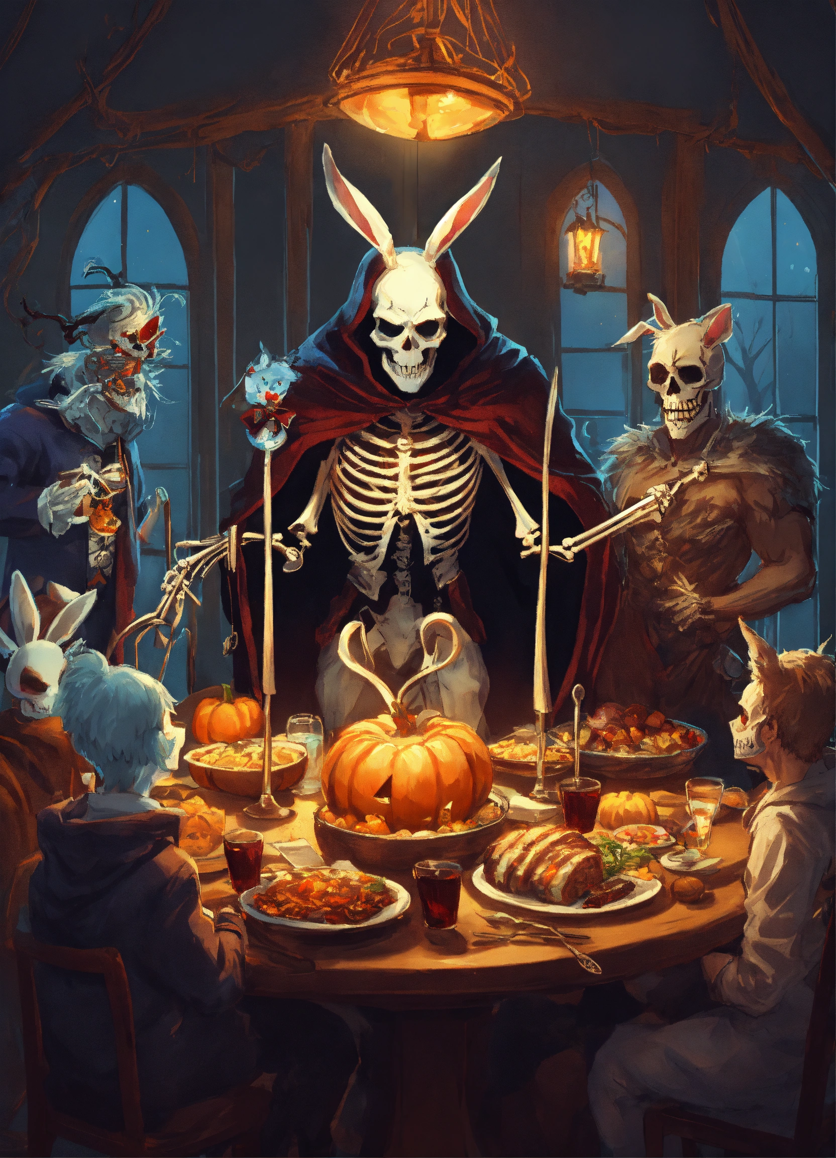 Lexica - Skeletal Grim Reaper in a dark robe, ghost, Halloween Bunny ...