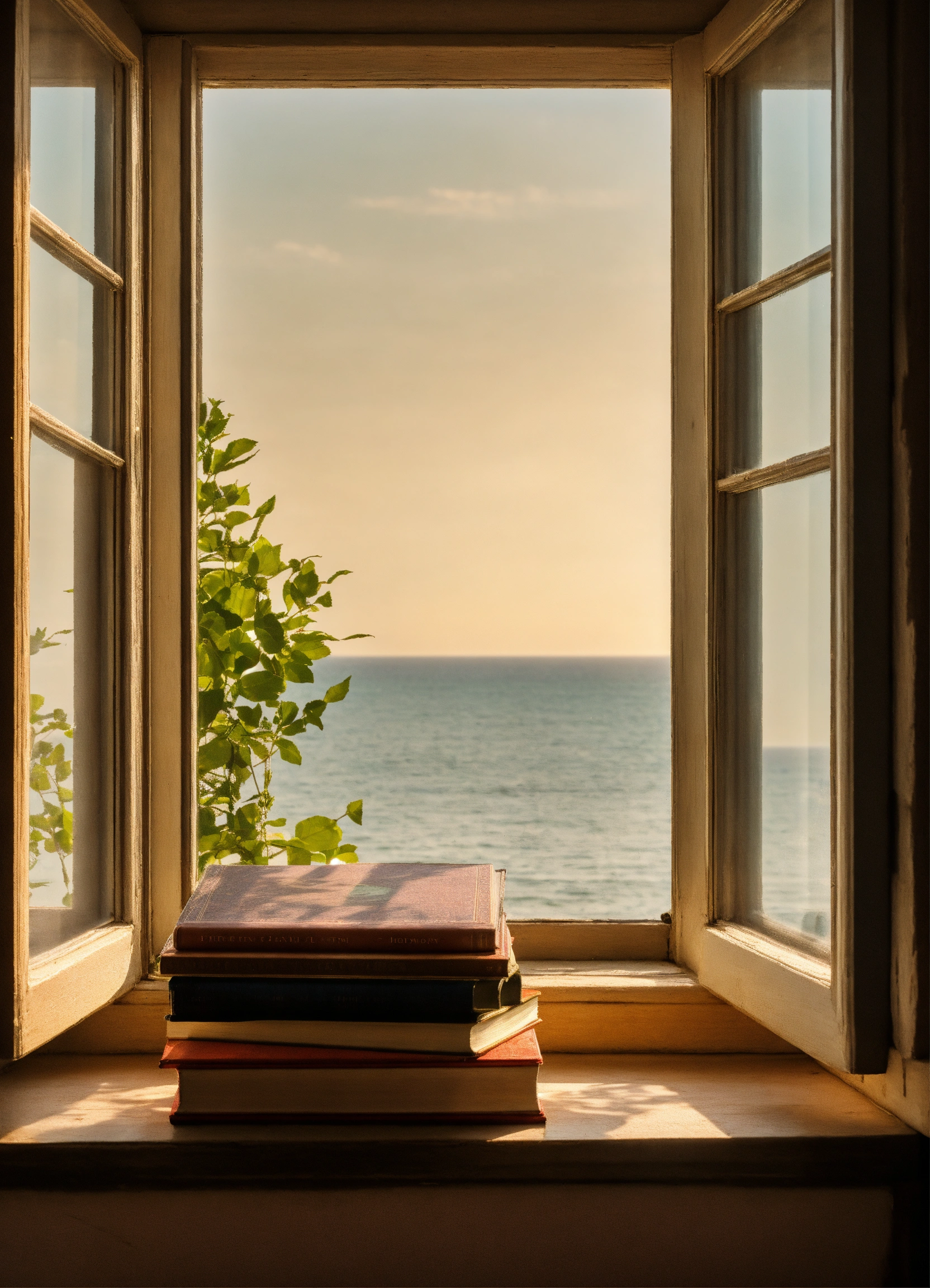 Lexica - A window overlooking the calm sea of summer, on the windowsill ...