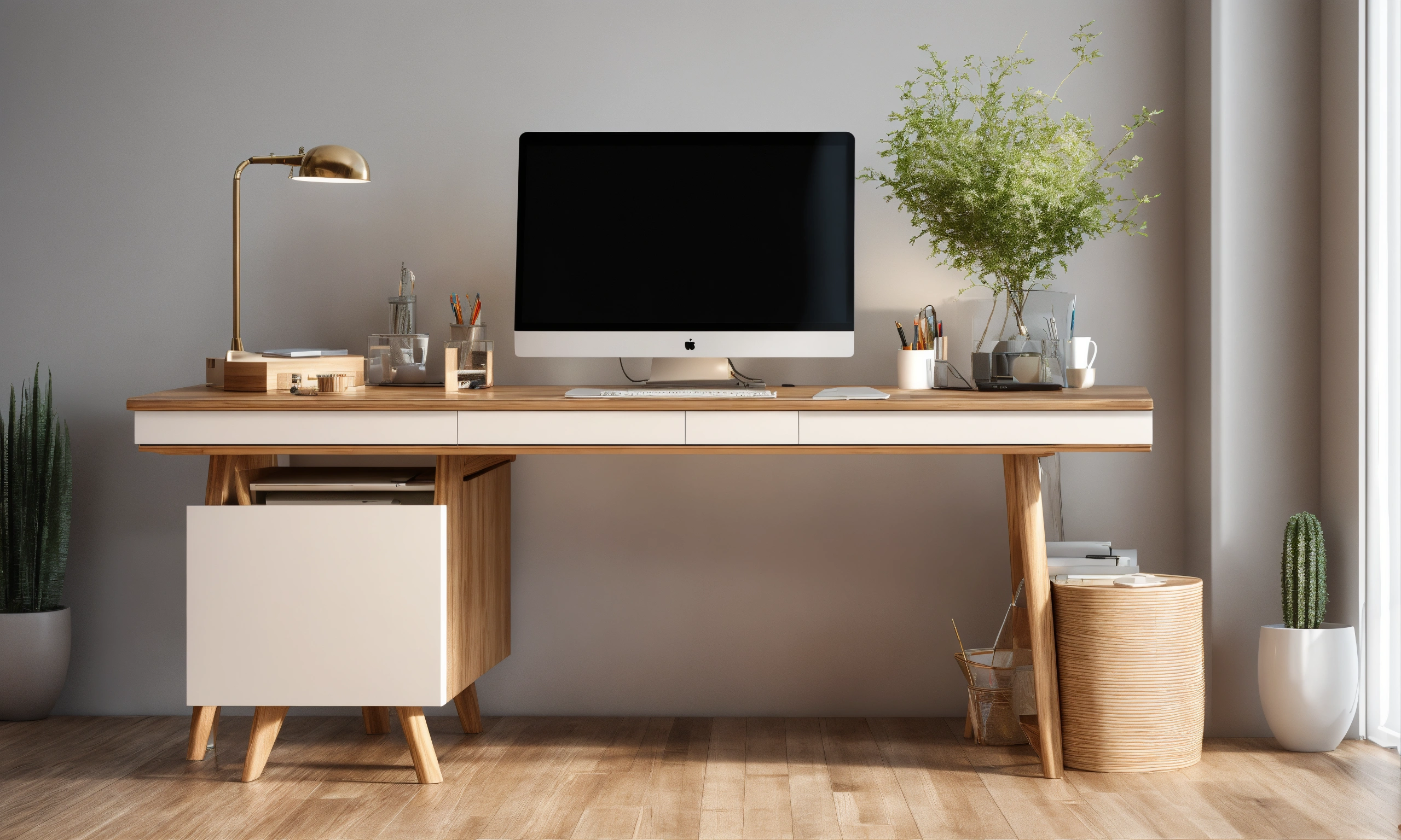 Lexica White wood office desk, official, computer, close up, modern
