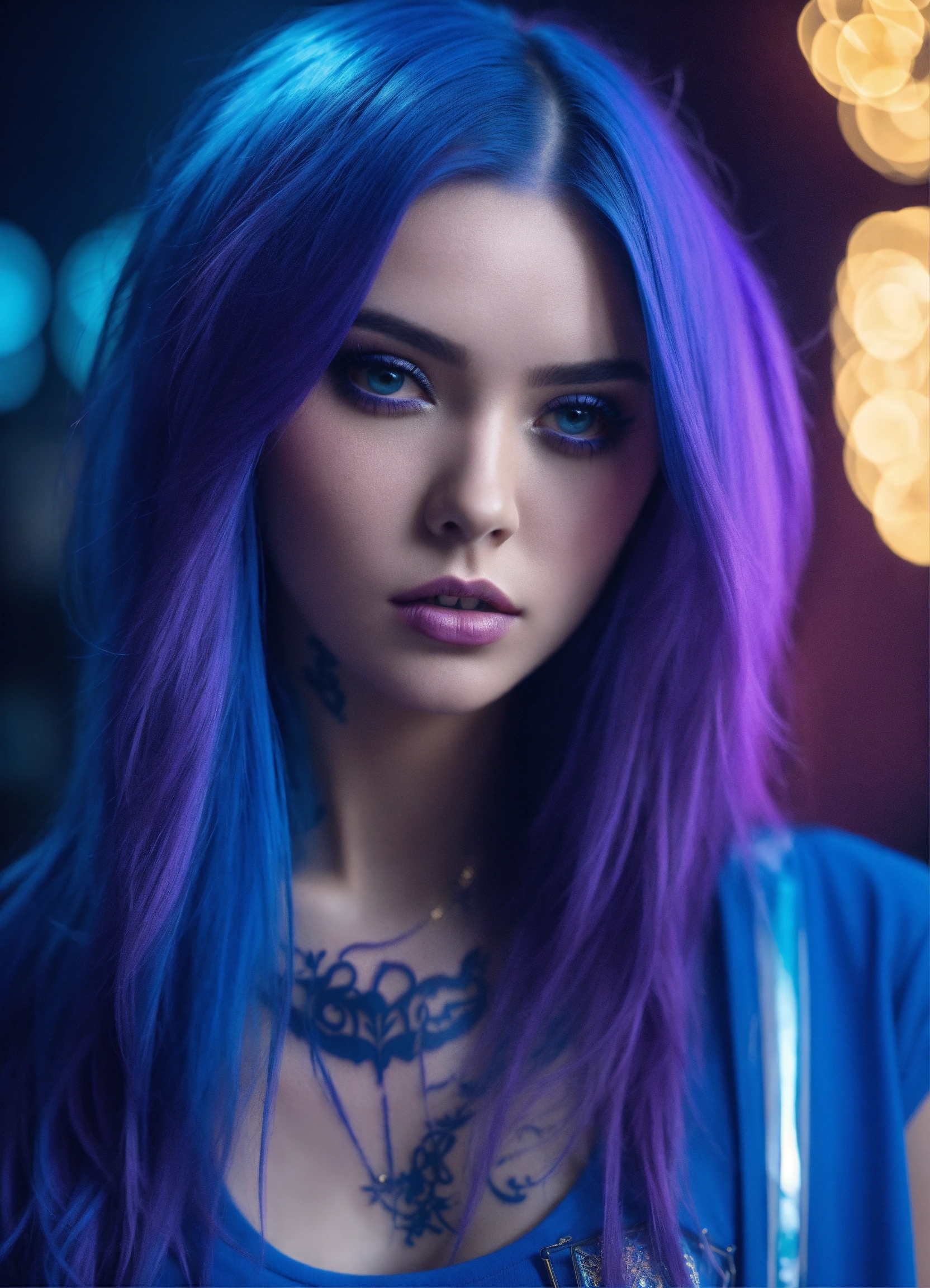 Lexica A beautiful girl, long violet hair all blue sleek futuristic outfit, with tatoo, short