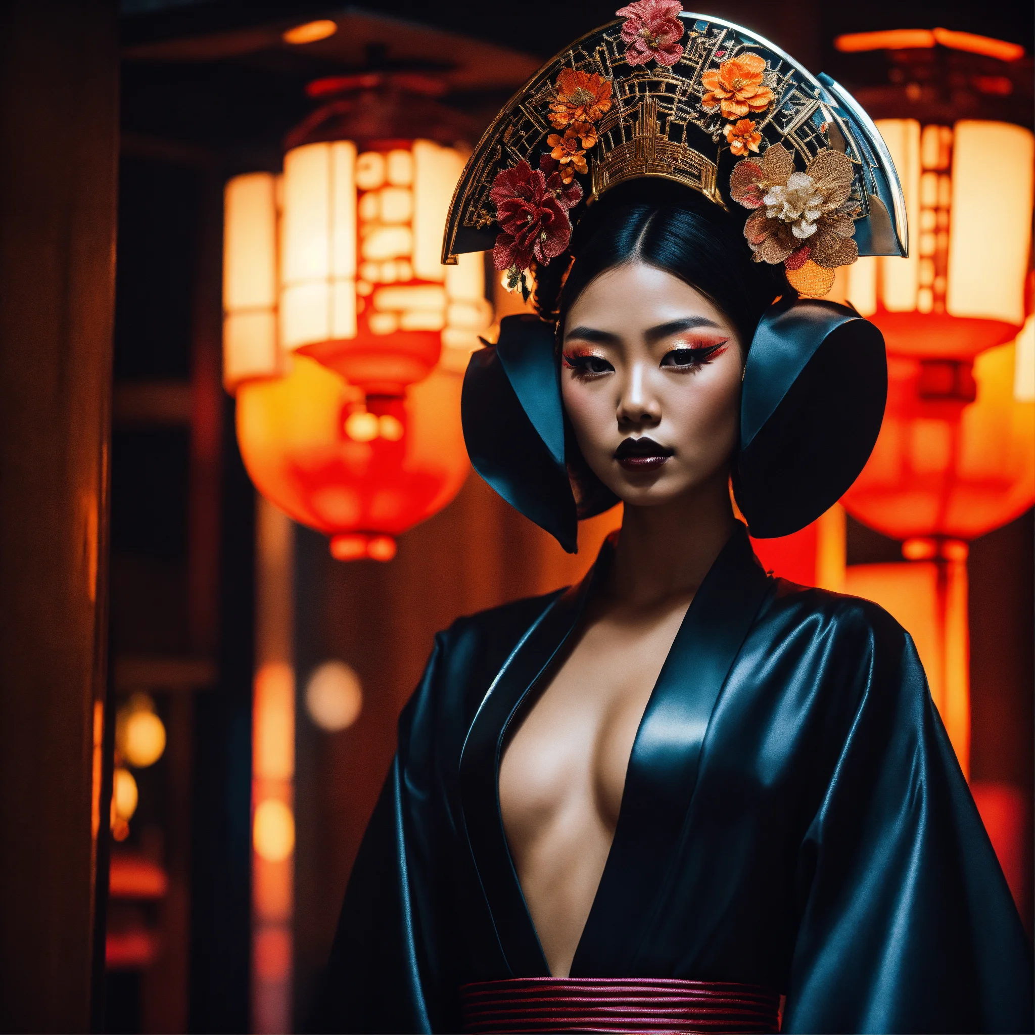 Lexica - A tan skin Japanese geisha in all black sleek futuristic ...