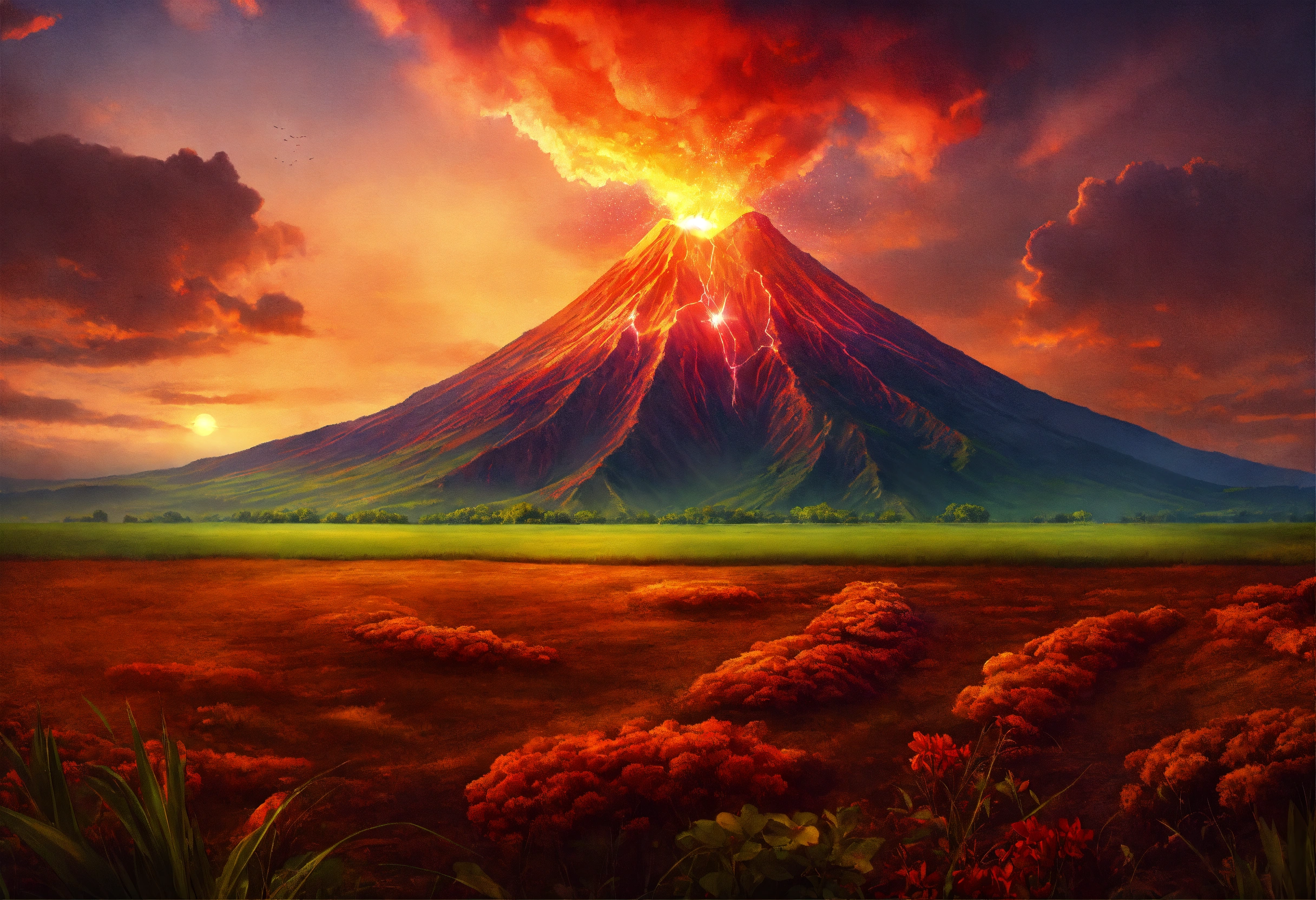 Lexica - Fantasy field sunset volcano on the field