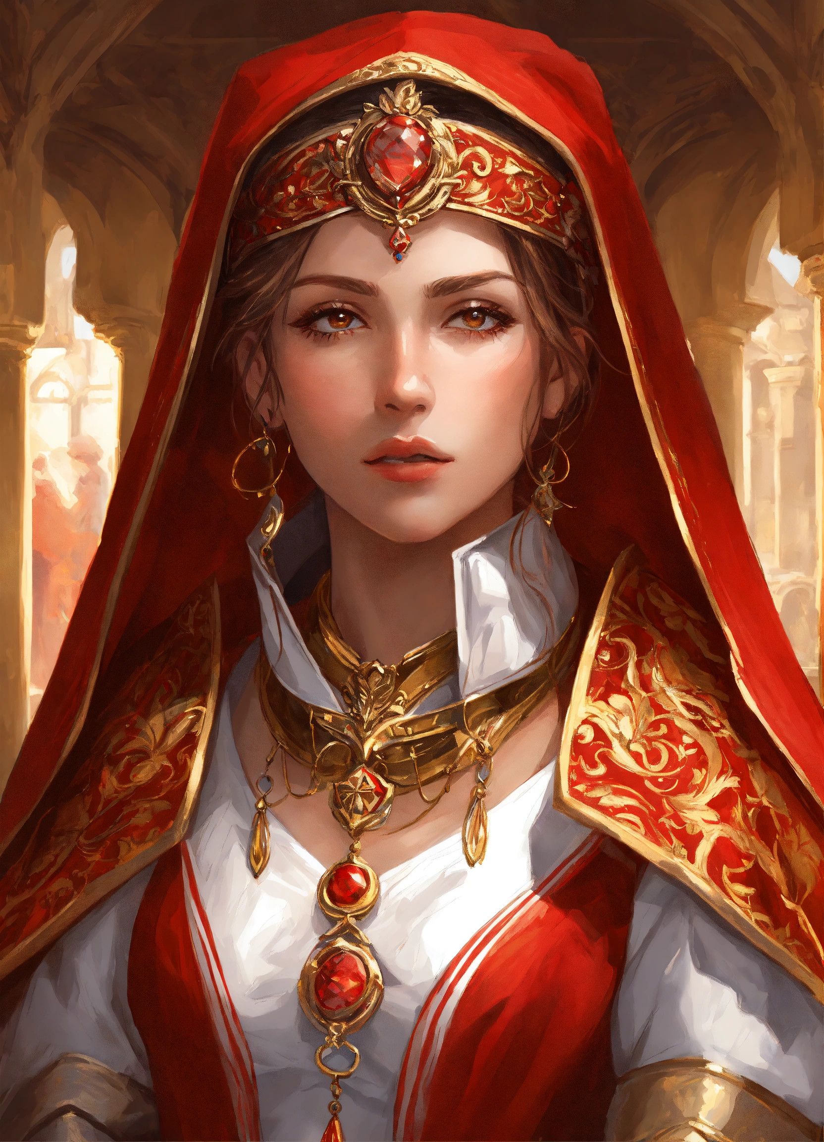 Lexica - Praios female cleric, red and white clothes, gold details ...