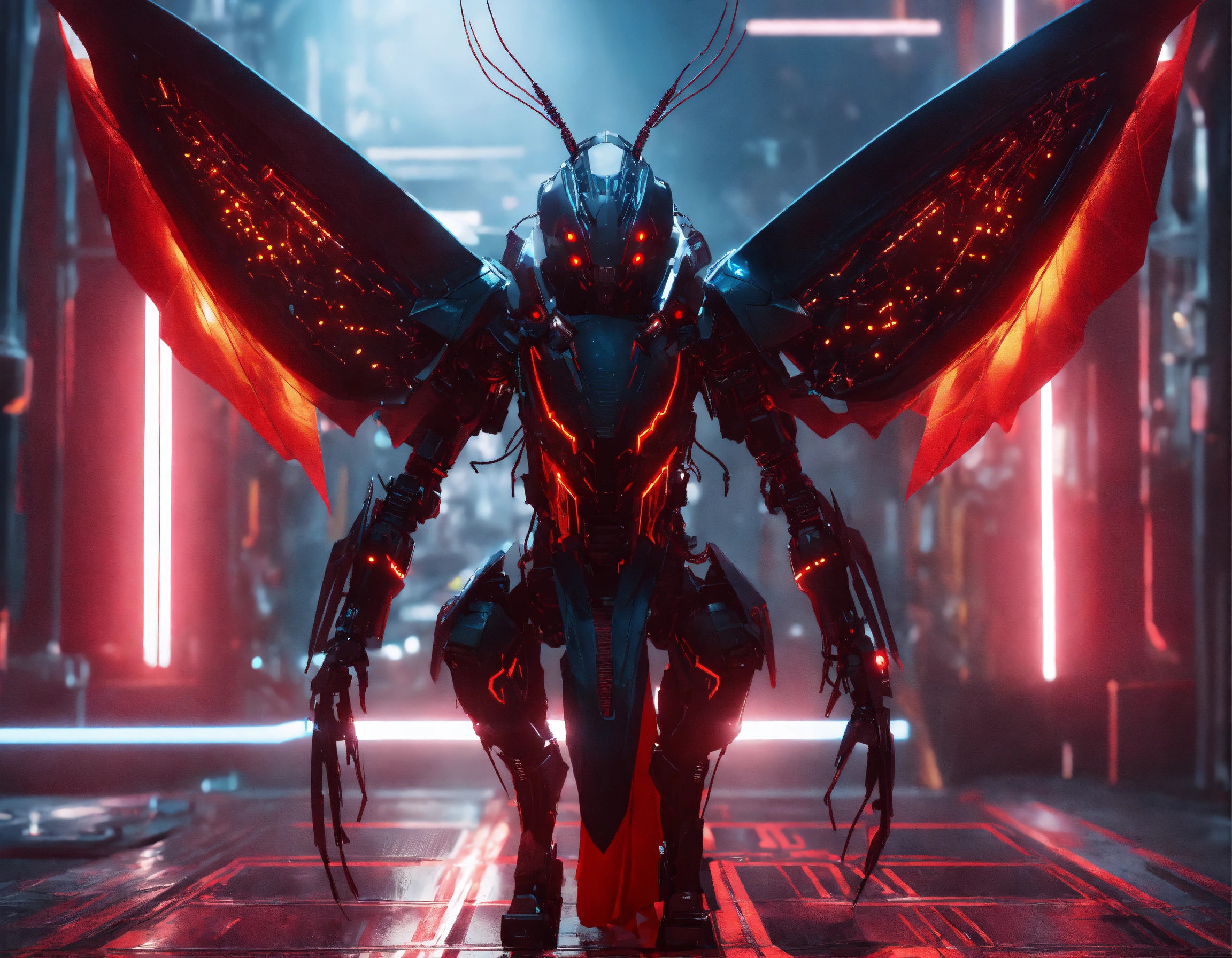 Lexica - Zoom out of black cockroach faced humanoid with red glowing ...