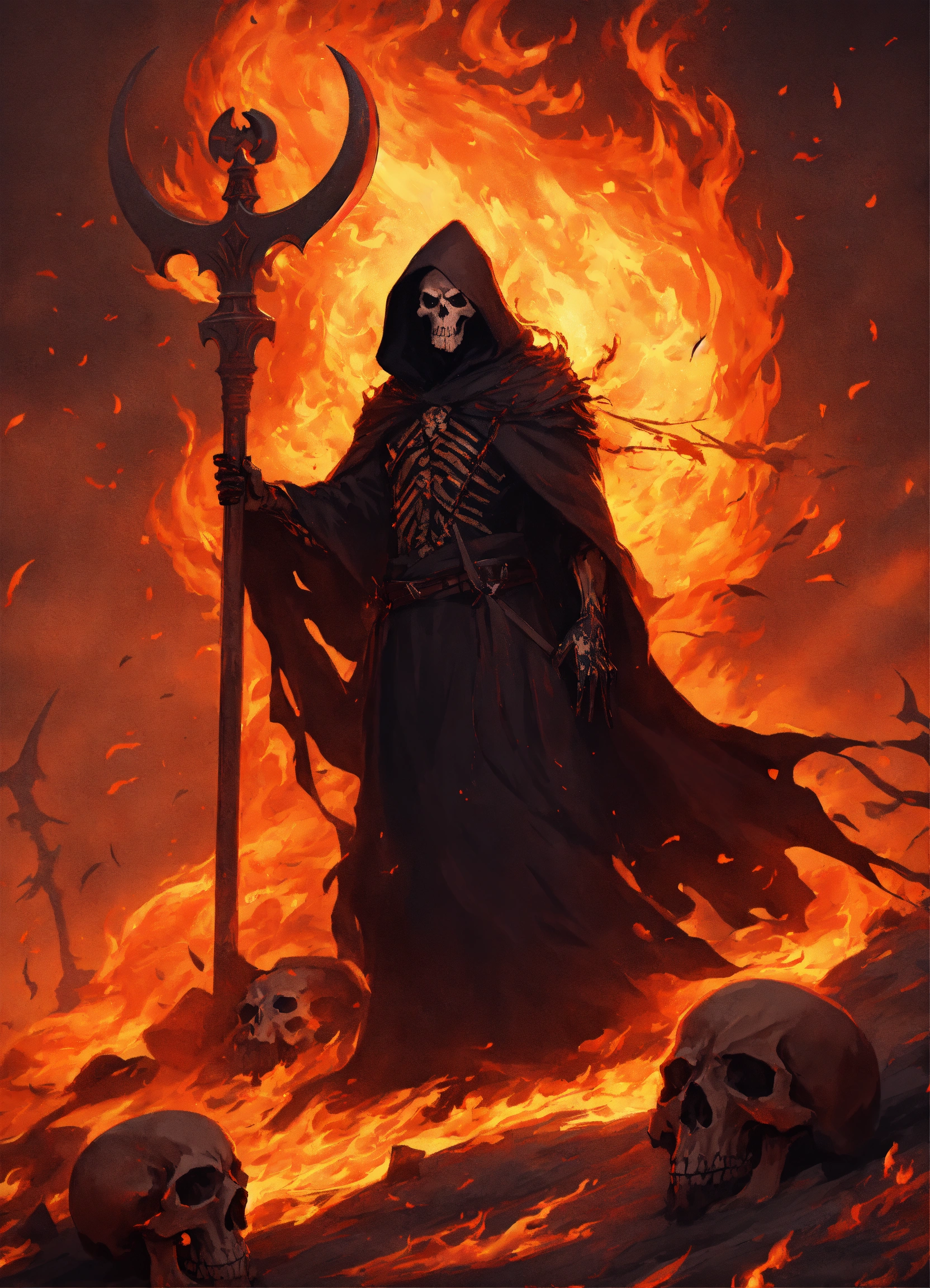 Lexica - Menacing grim reaper with flaming scythe, tattered flowing ...