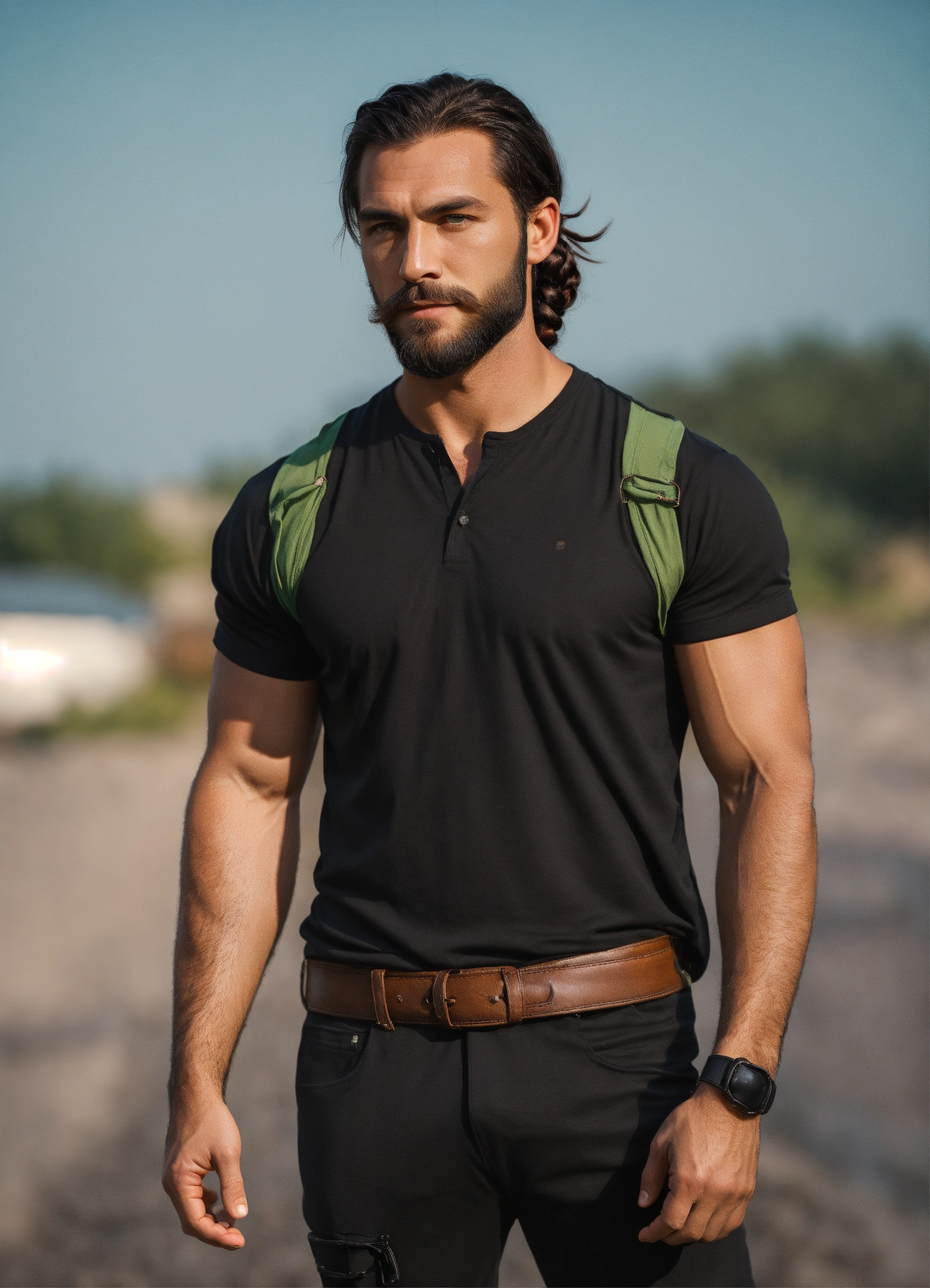 Lexica - A handsome brutal man with shoulder-length dark hair braided ...