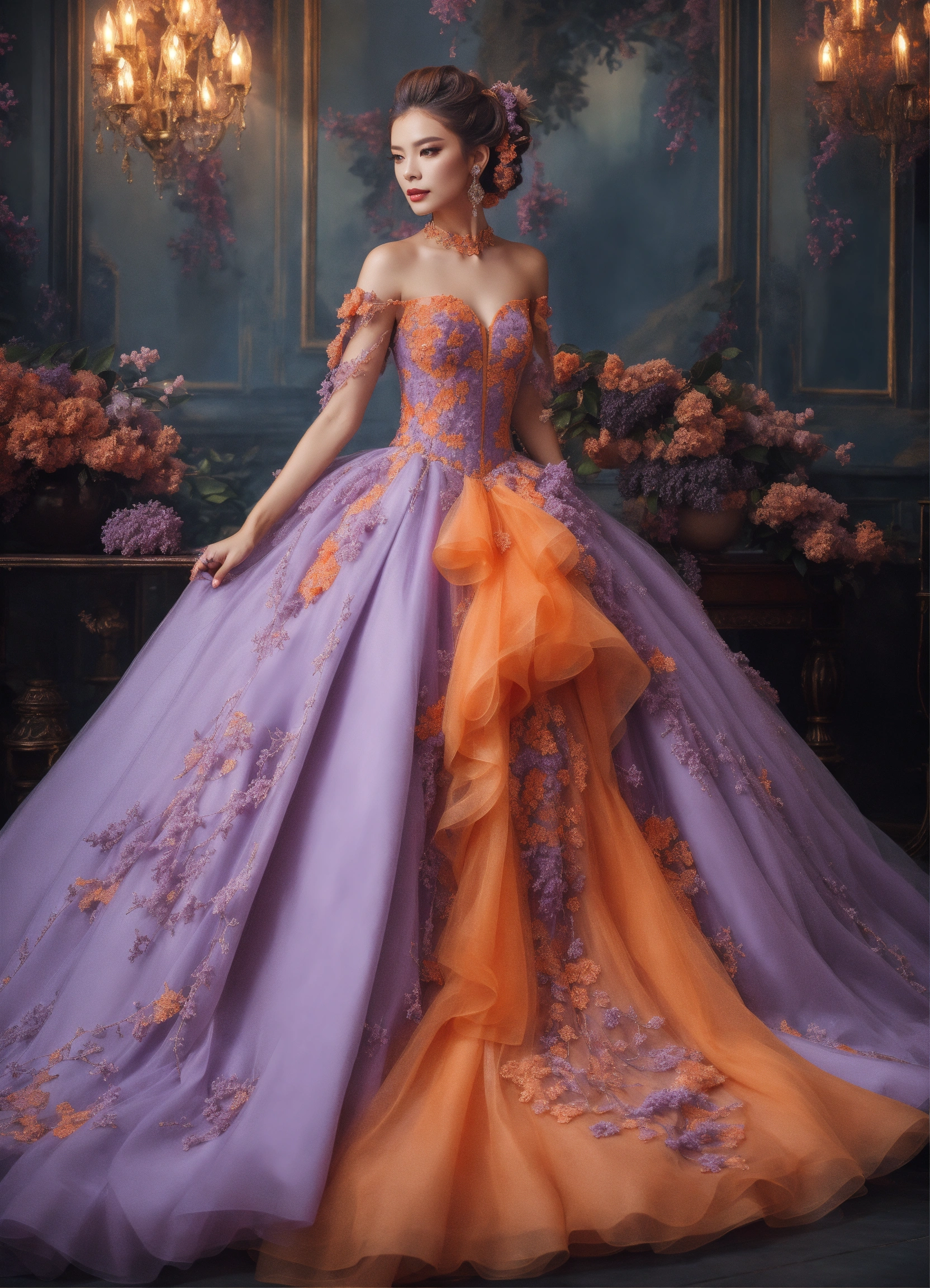 Lexica - JiU extravagant lilac and orange dark fantasy style ball gown ...