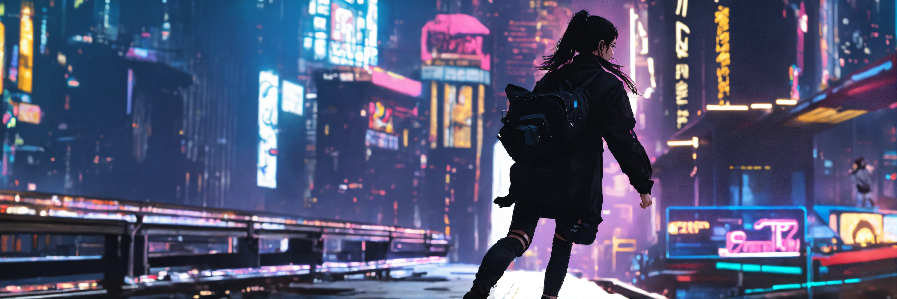 Lexica - Long shot, girl in black streetwear running through cyberpunk city