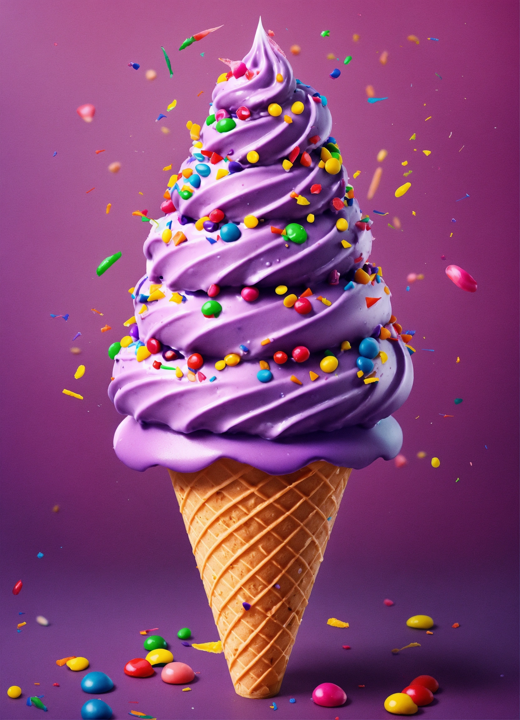 Lexica Realistic Purple Icecream Cone With Colorful Sprinkles And A Very Pointy Top 