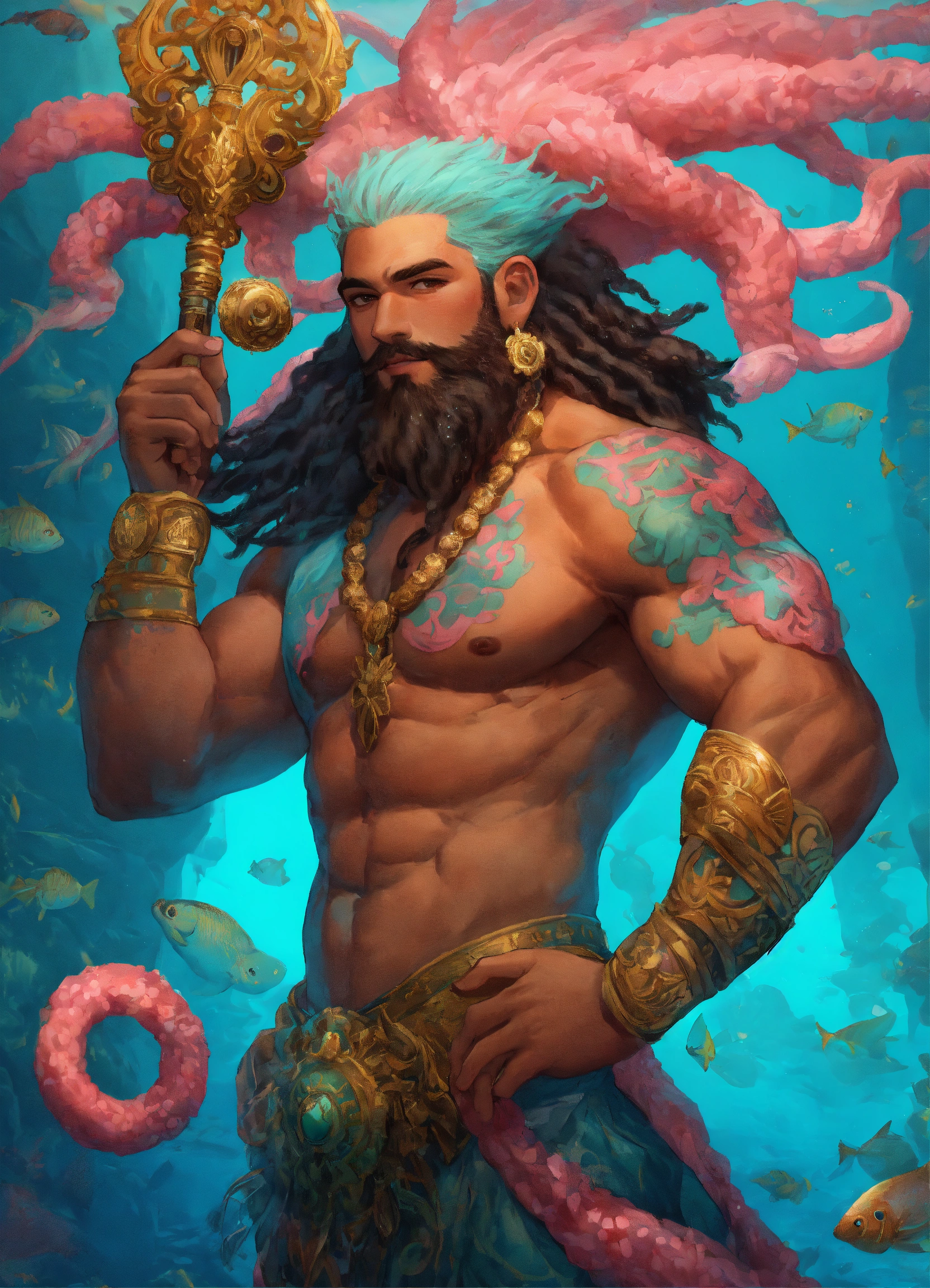 Lexica - A buff muscular Merman scales Blue skintone with pink coral ...