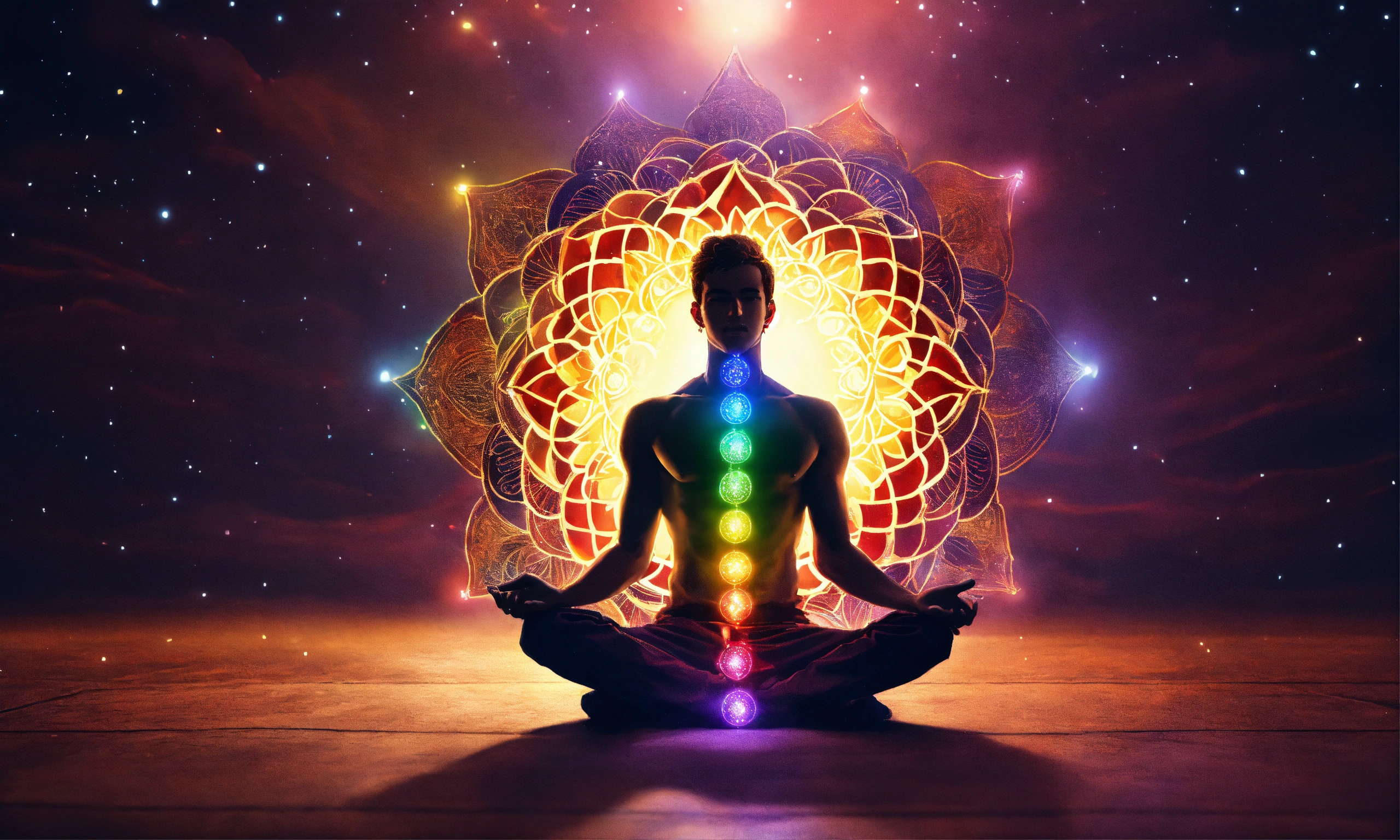 Lexica - Man sitting, chakras lit up, 4k, high resolution, photo quality