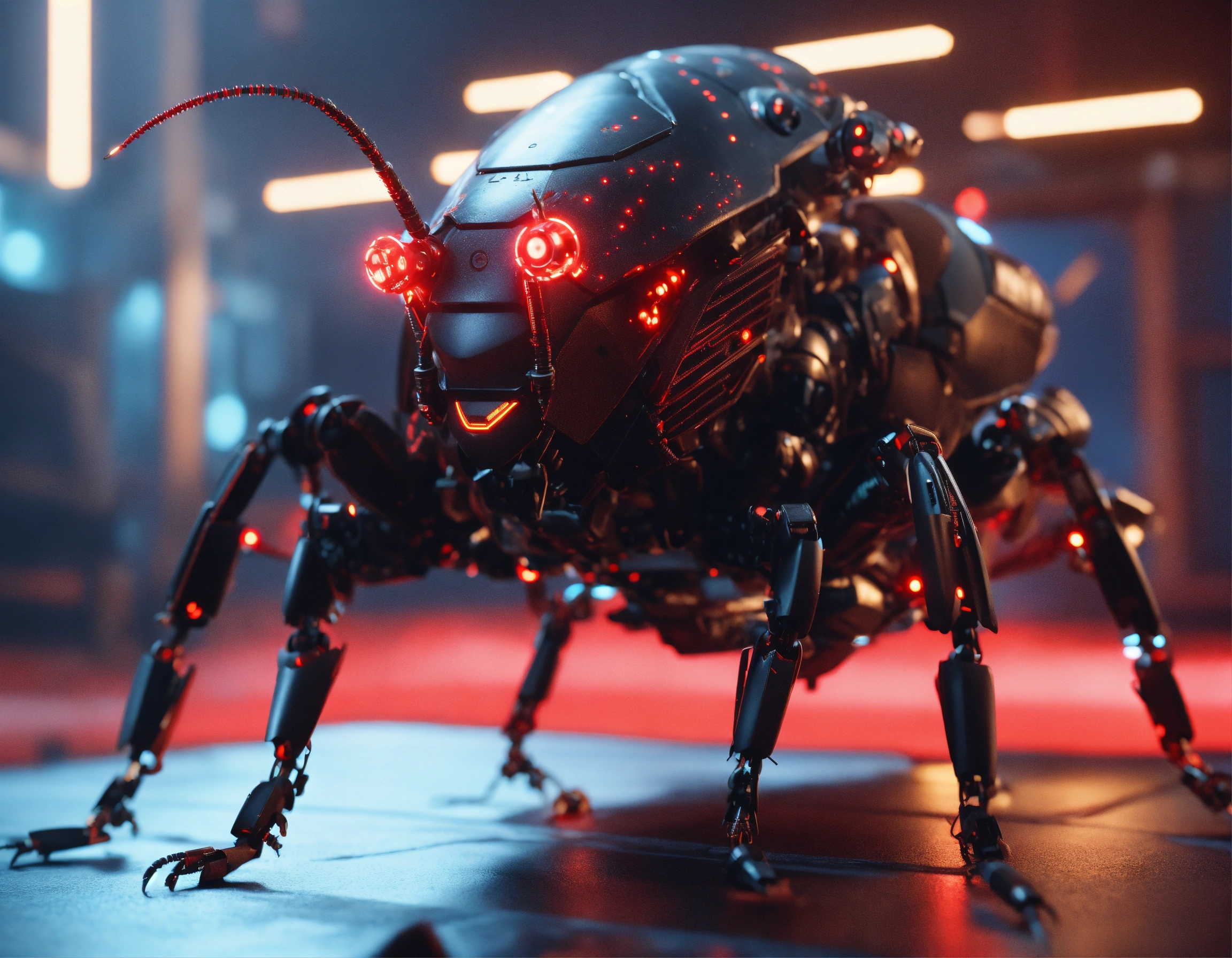 Lexica - Zoom out shot of fierce black cockroach faced standing robotic ...