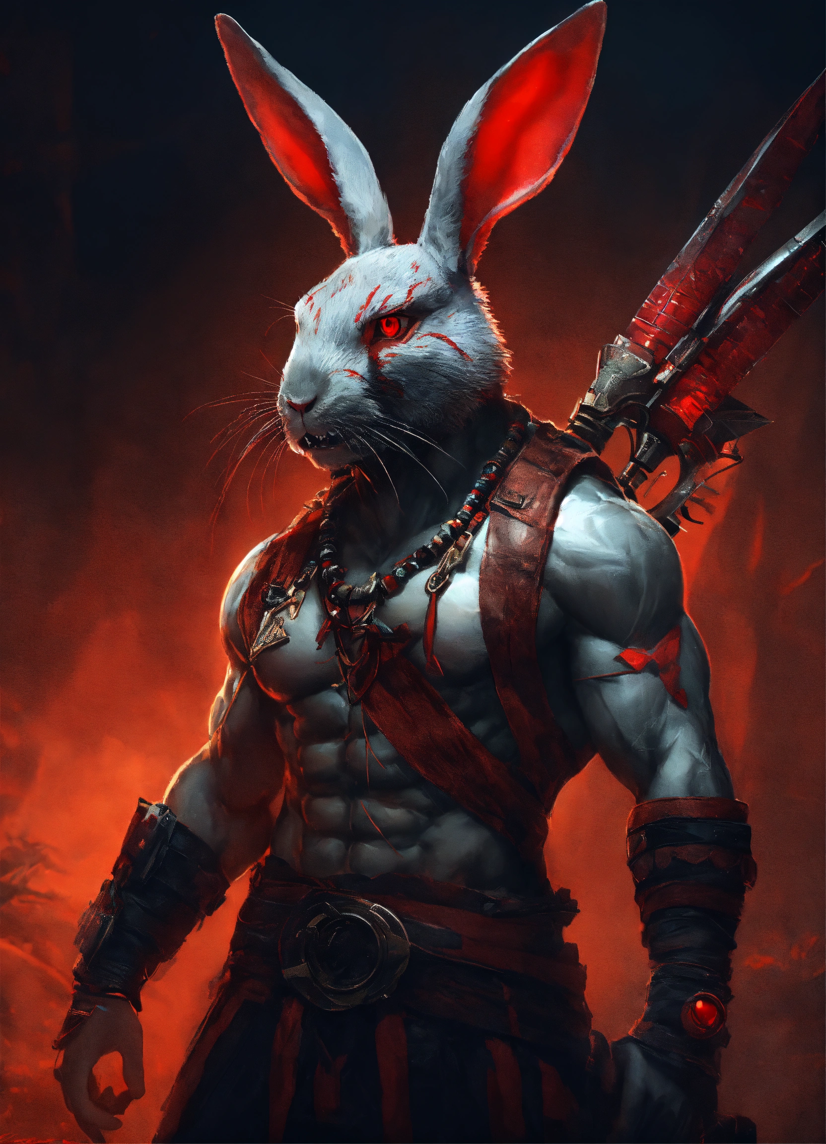 Lexica - A muscular rabbit tribalman with red eyes, sharp teeth and tall