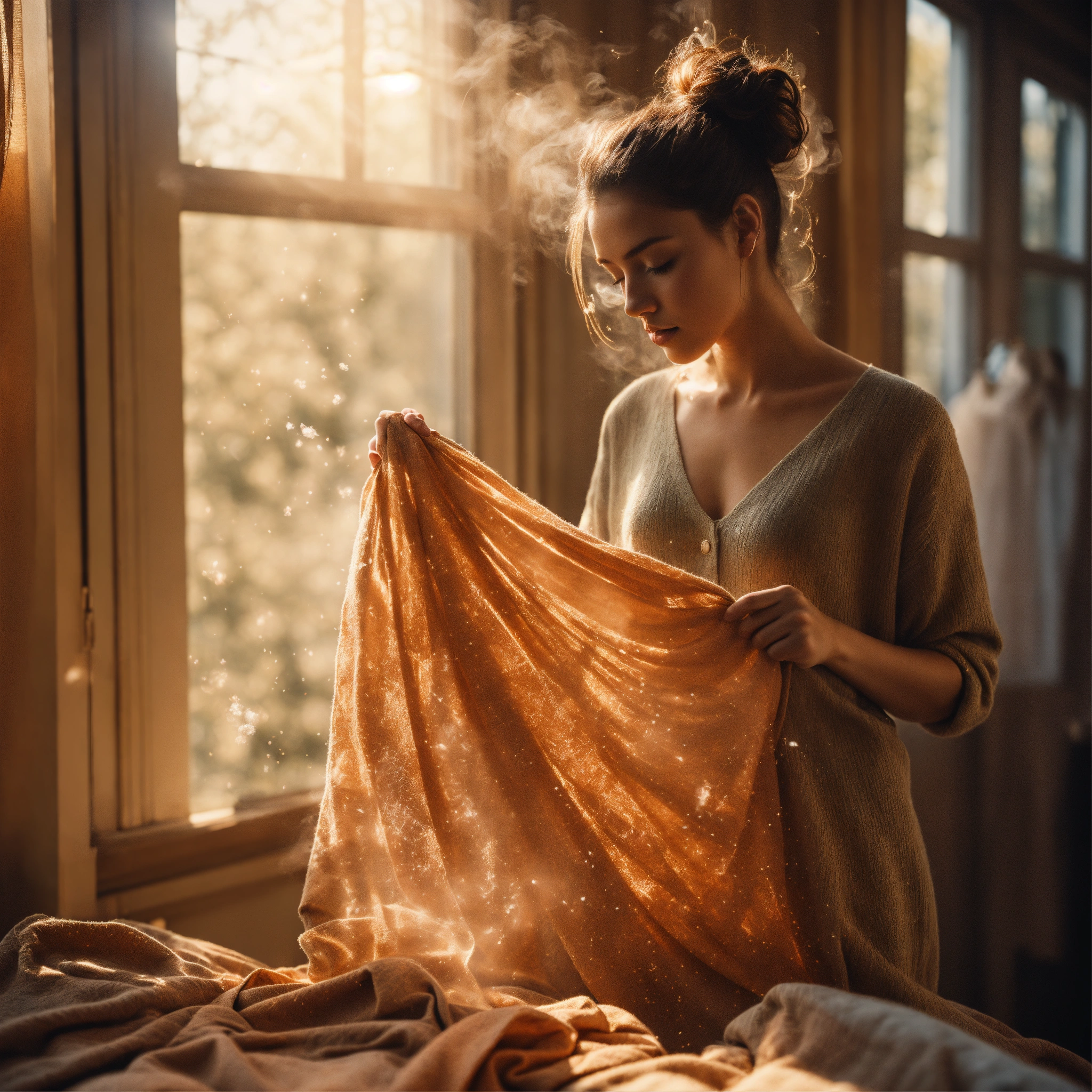 Lexica - Create an image of a woman carefully choosing clothes while ...