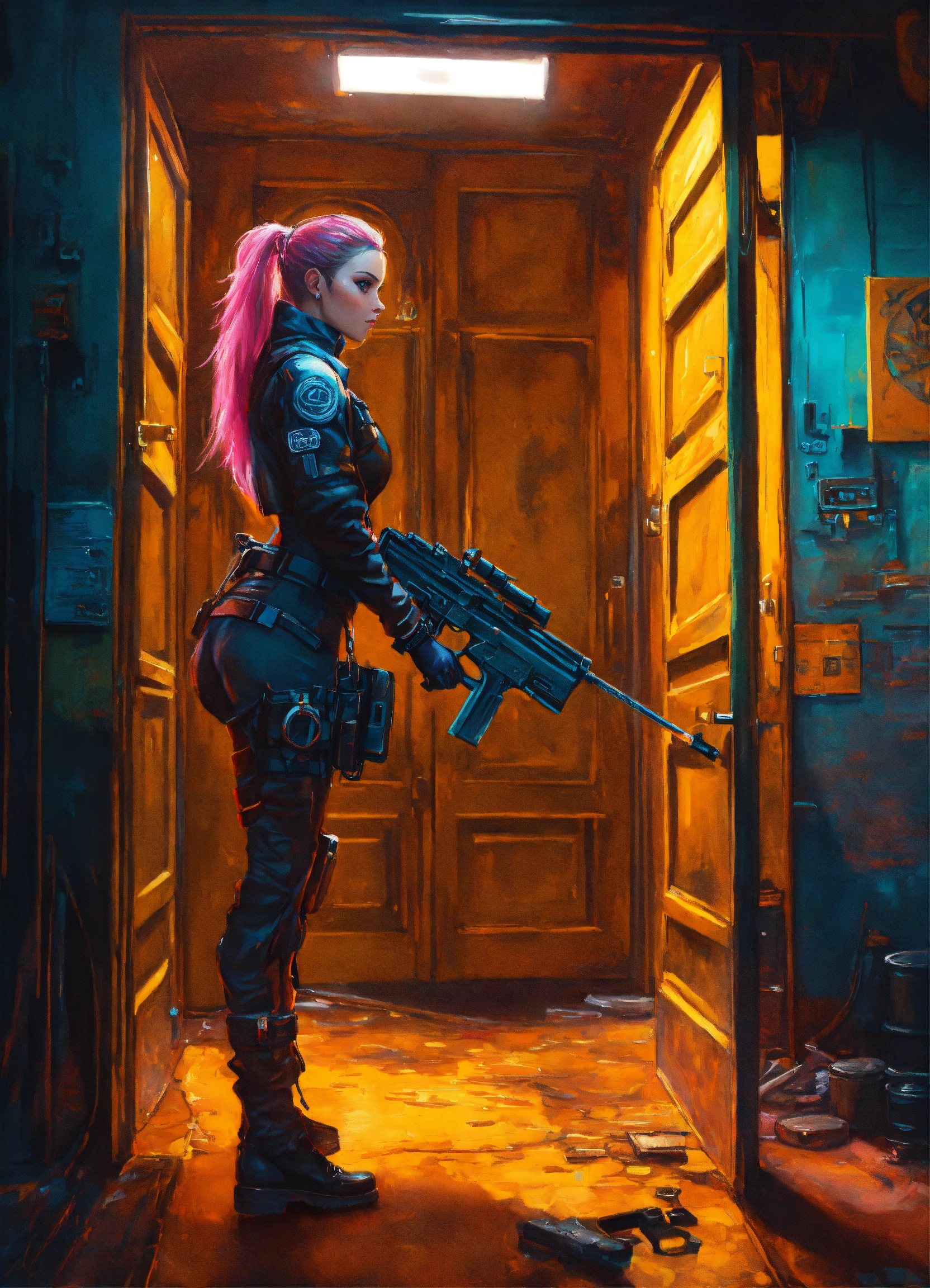 Lexica - Cyberpunk female with a crowbar using it to open a door ultra ...