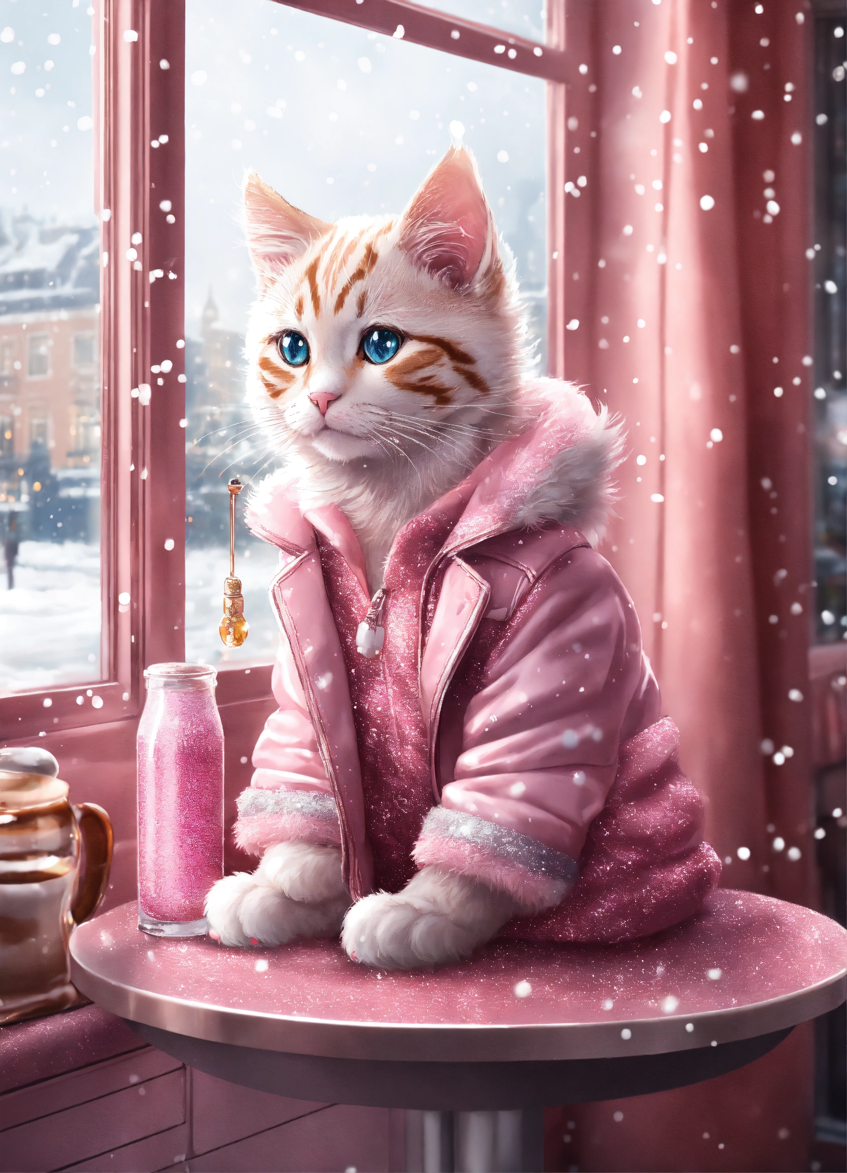 Lexica Pastel pink baby cat wearing glitter pink jacket sitting in a