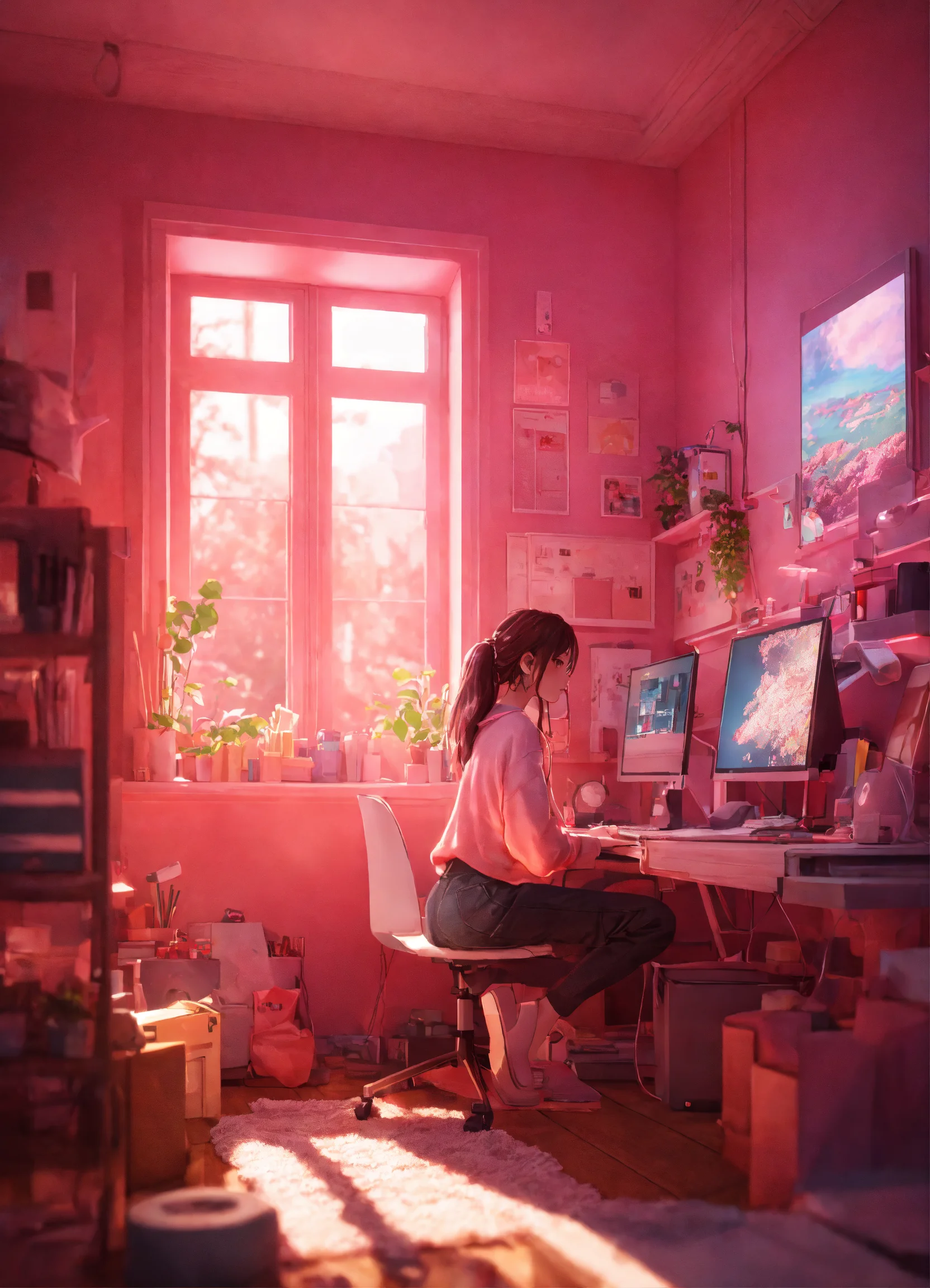 Lexica - Cute lofi girl in front of his computer in her cozy and messy ...