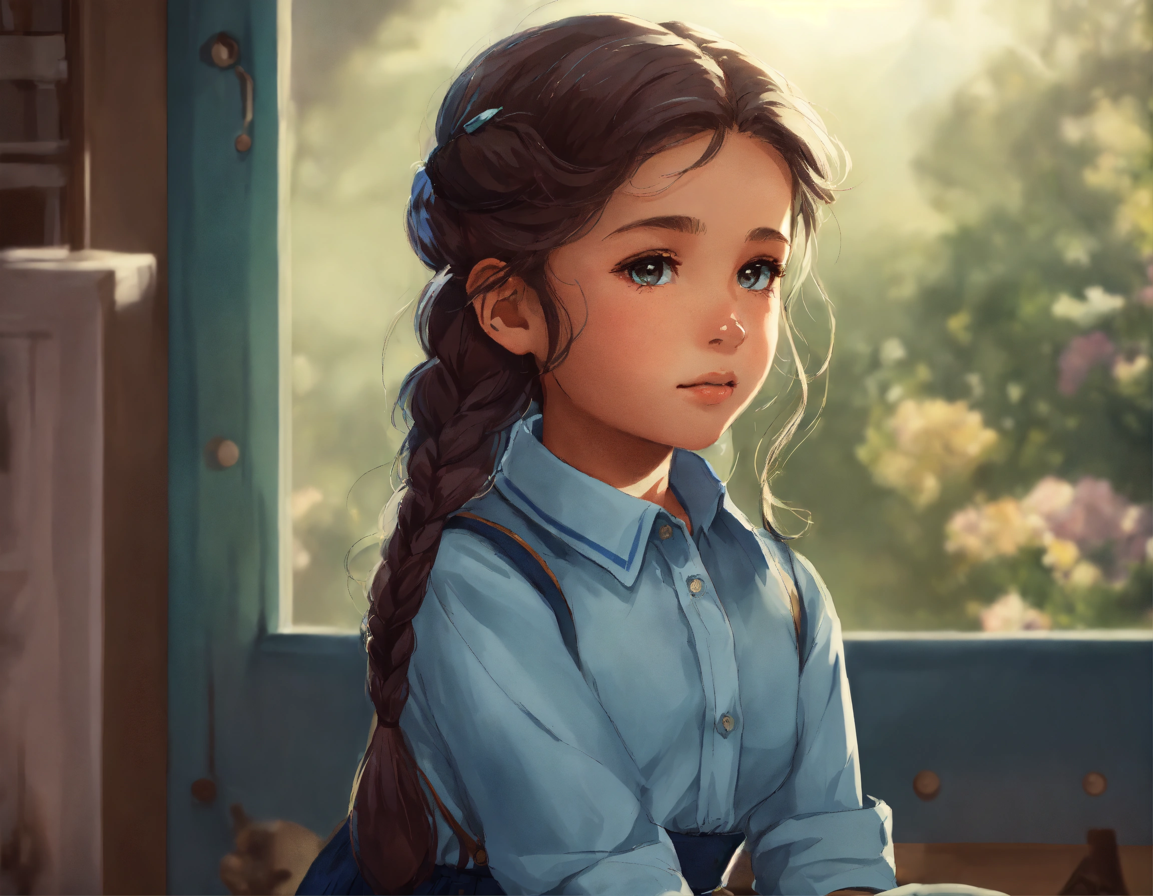 Lexica - A cute five-year-old girl with a light blue button-down shirt ...