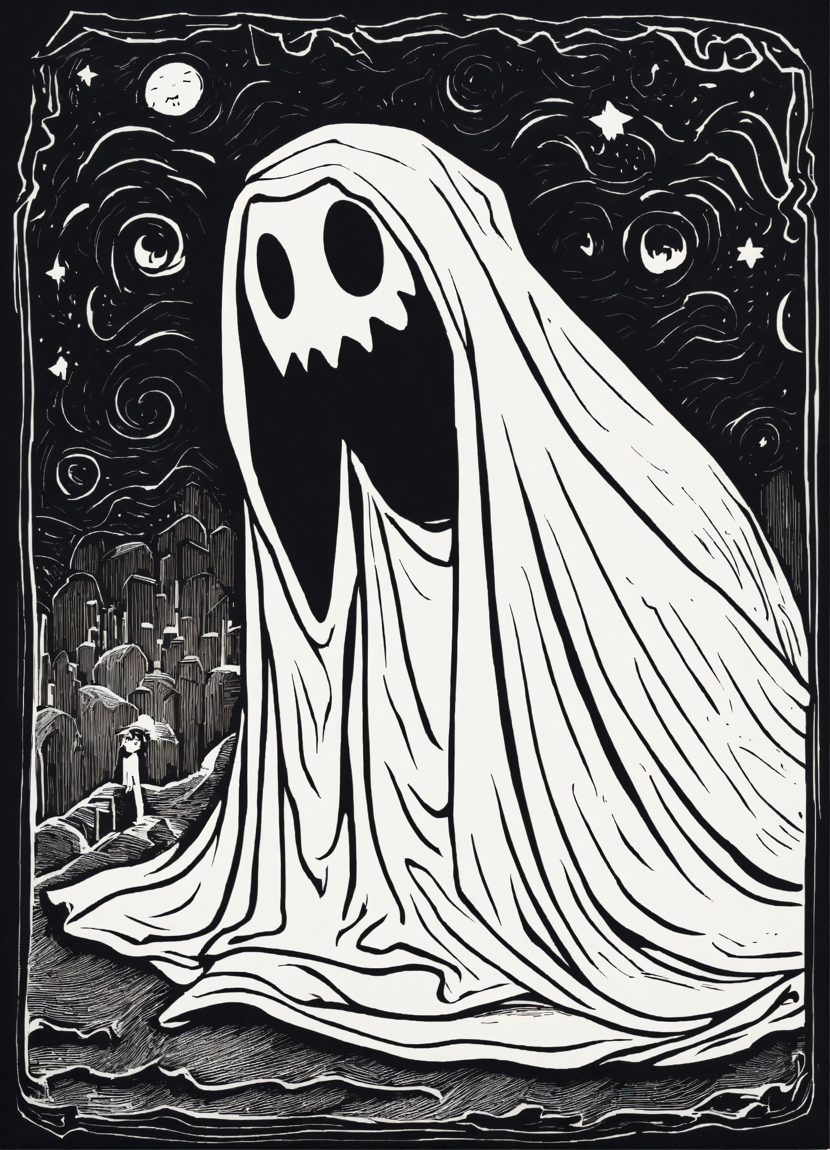 Lexica - Black and white linocut design of a cartoon ghost, white ...