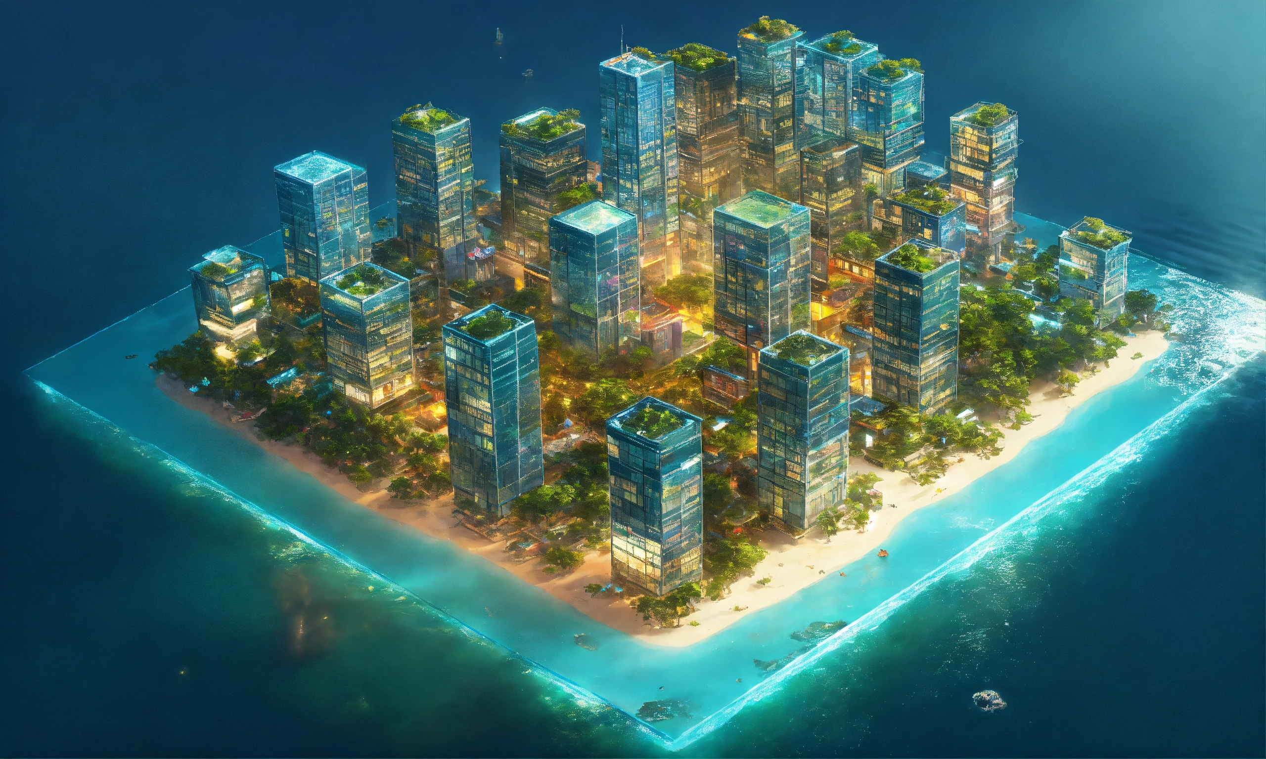Lexica - A single small tropical island alone in the ocean, buildings ...