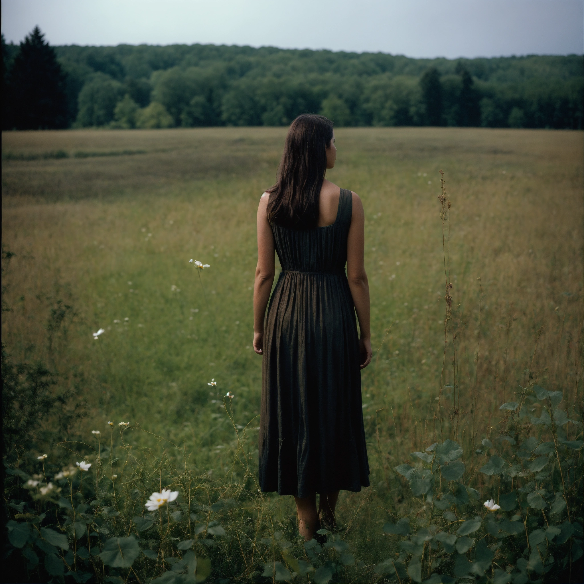 Lexica - A woman with long brown hair standing in a field, rear view ...