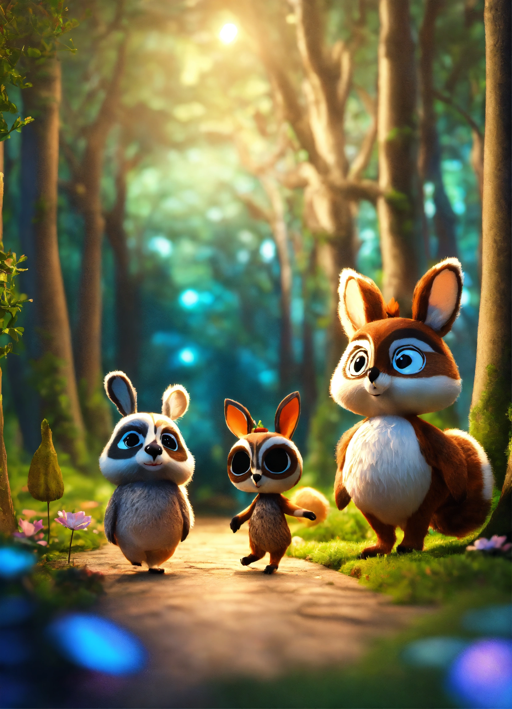 Lexica - Creating a story raccoon rabbit and owl walking in the middle ...