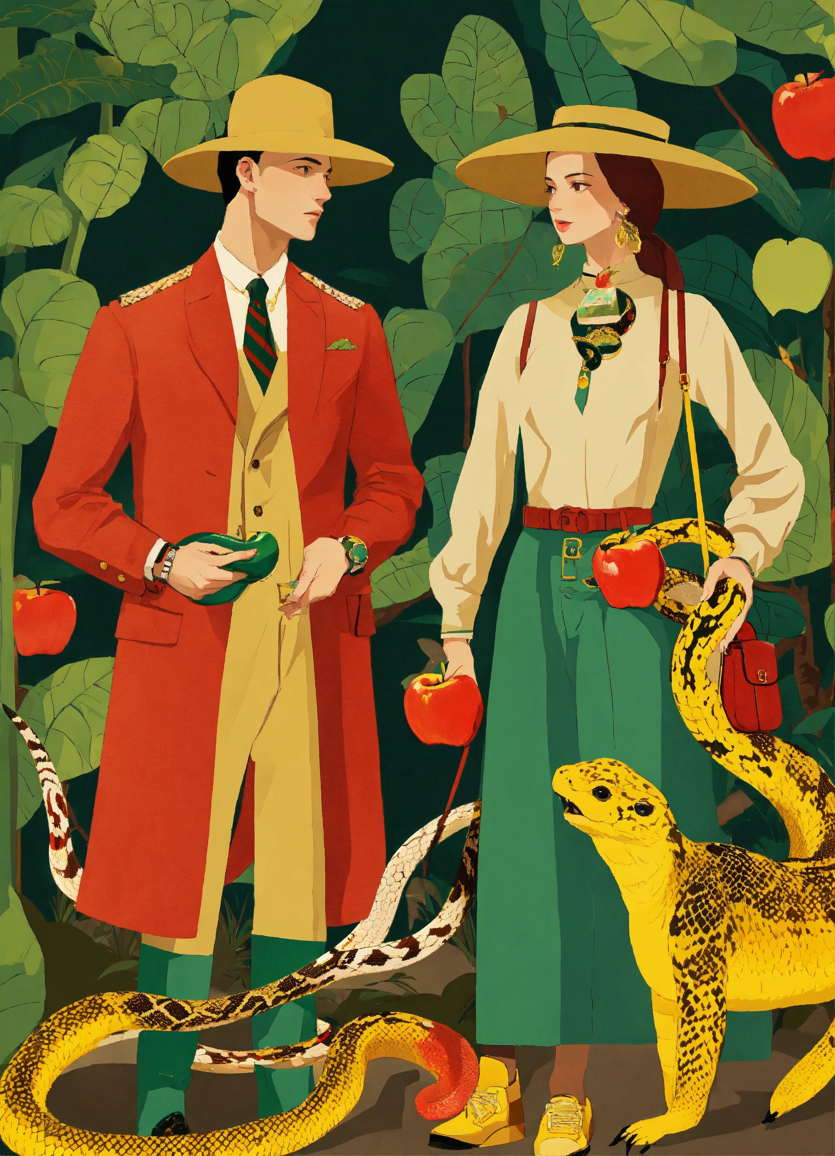 Lexica - Man and Woman with apple in zoo with a snake style of gucci,  artwork