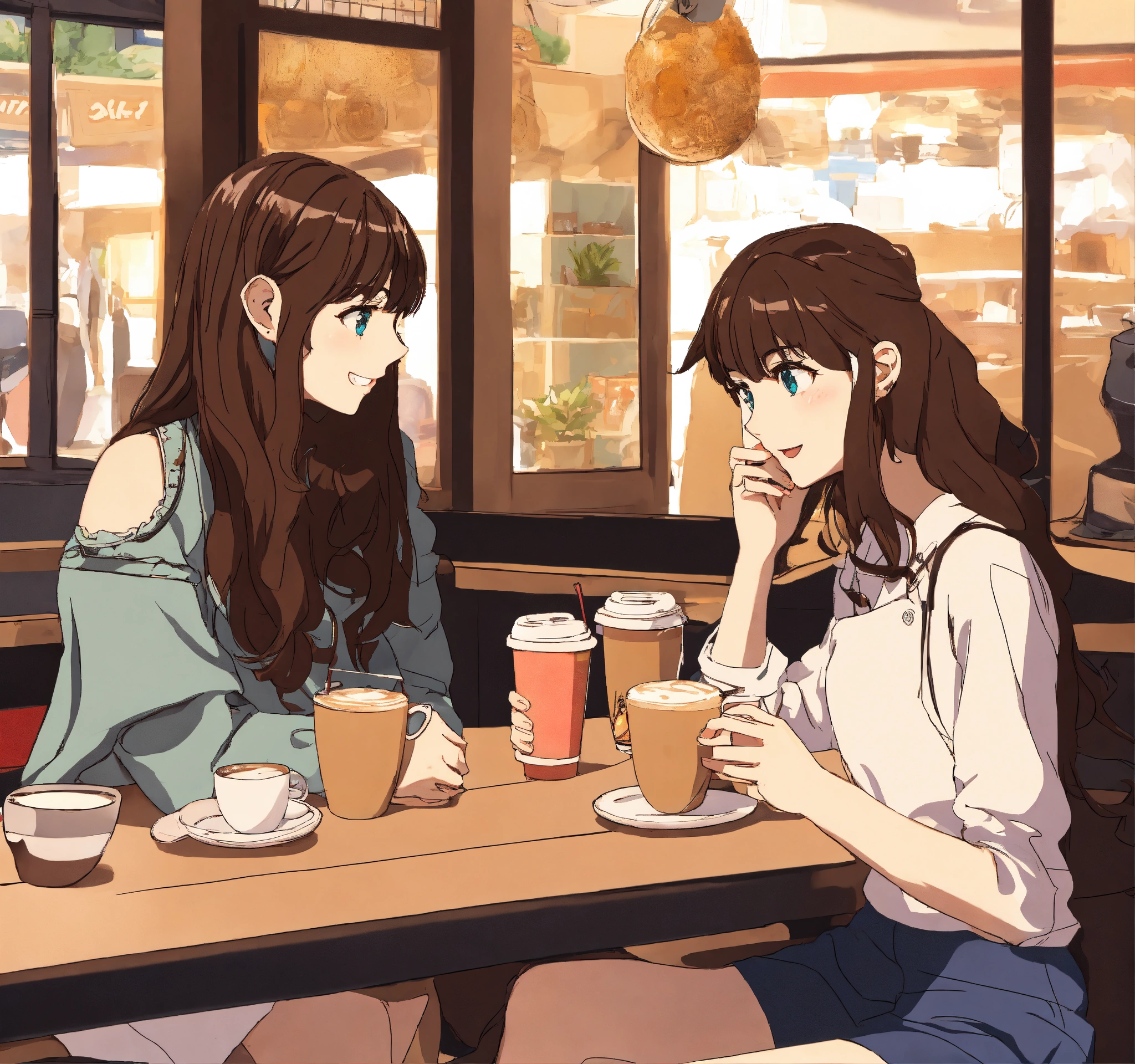 Lexica - Amigas conversando tomando café en la cafetería con teléfono anime