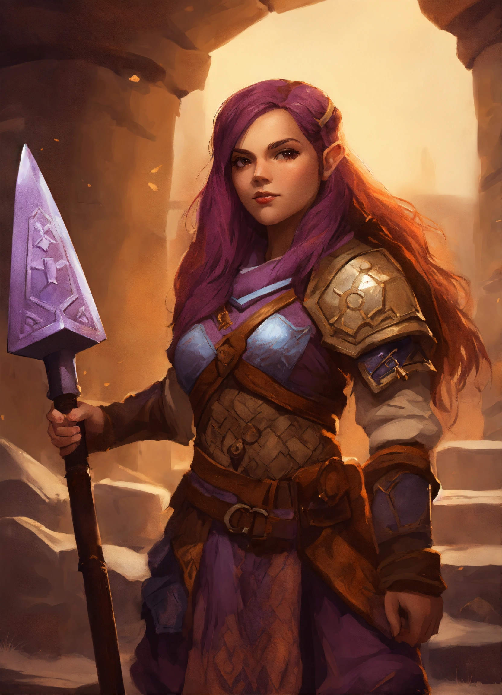 Lexica - Female hill dwarf with long purple and brown hair carry a war ...