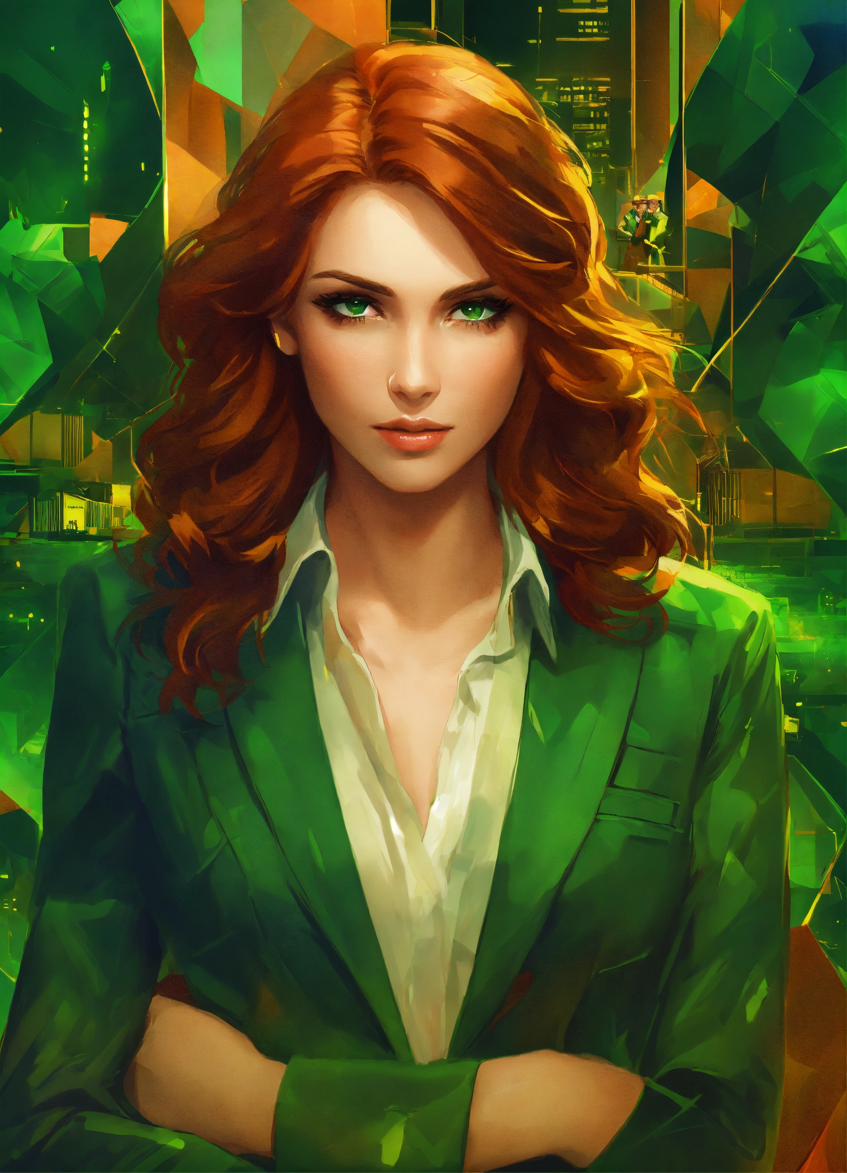 Lexica - A woman with wavy auburn hair and green eyes surrounded by ...