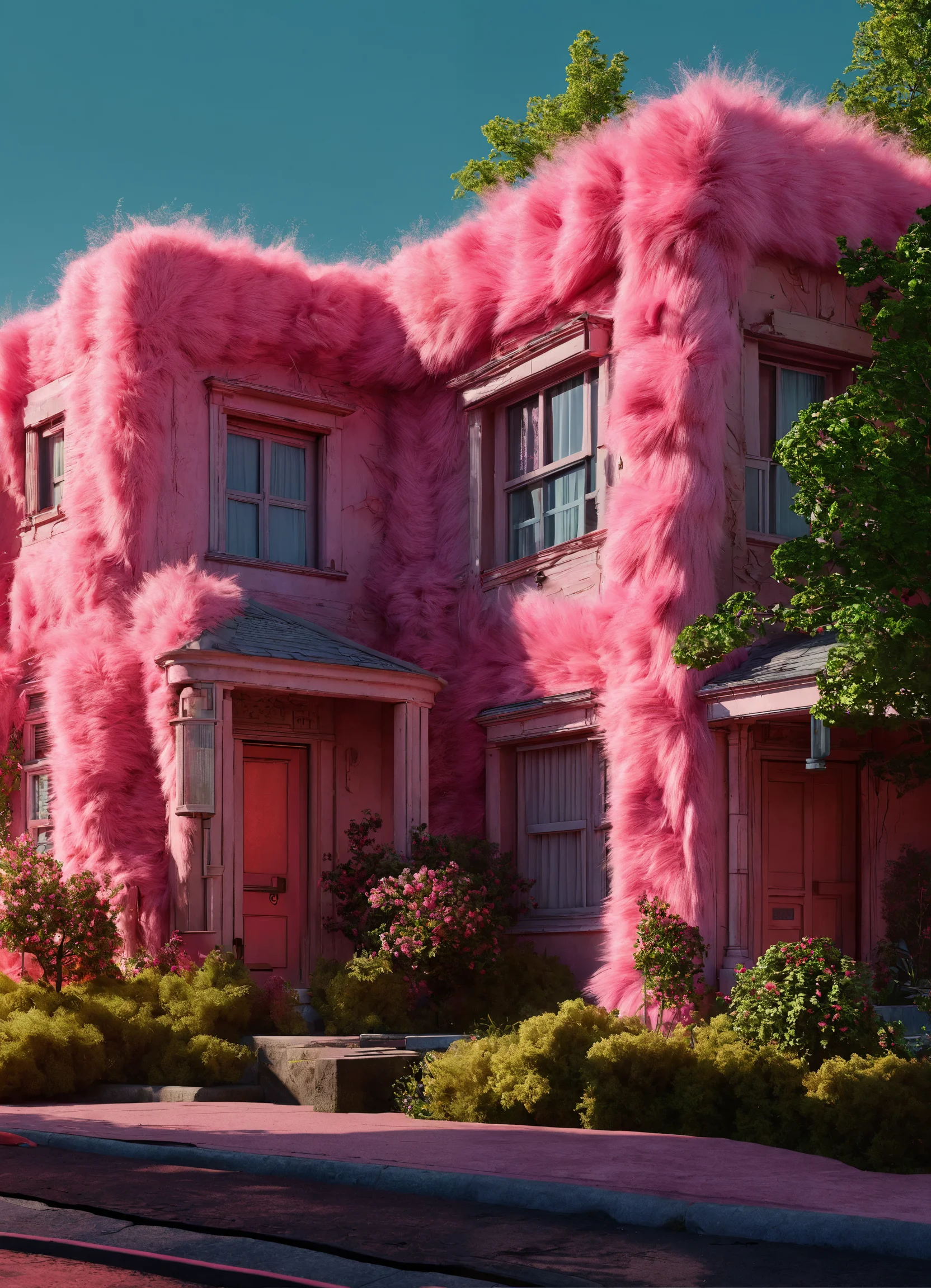 Lexica - A pink building covered with pink fur, in the style of ...