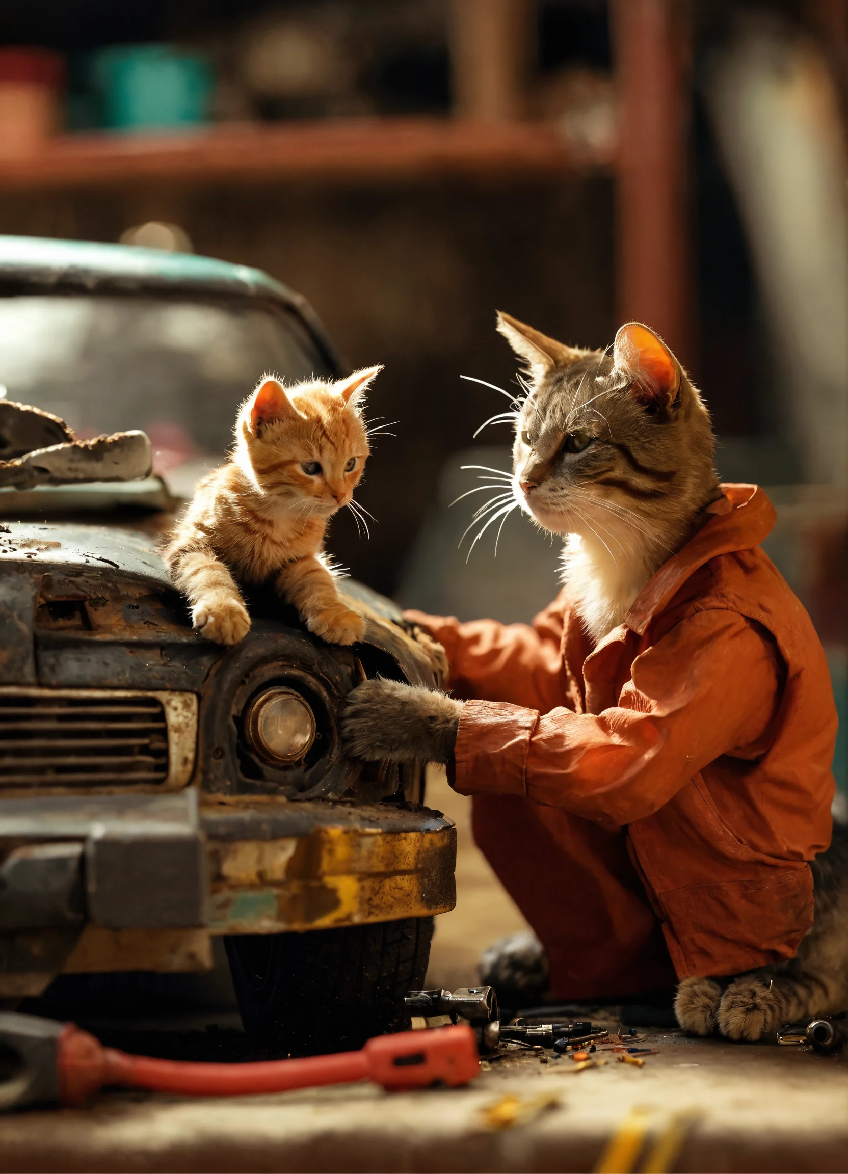 Lexica - A cat father teaching a cat son how to fix a car, life-like