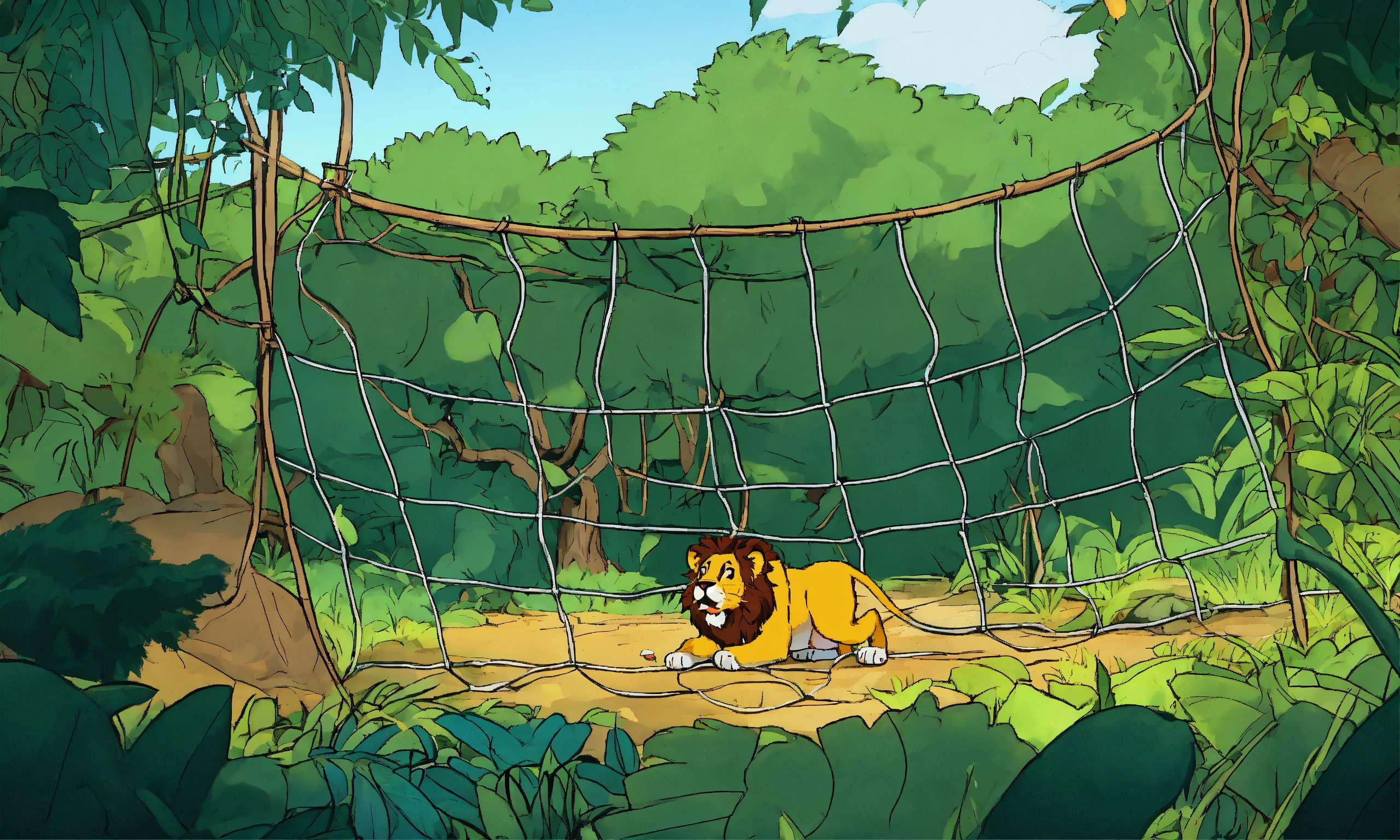 Lexica - Cartoon in a jungle mouse cut net where big lion was captured ...