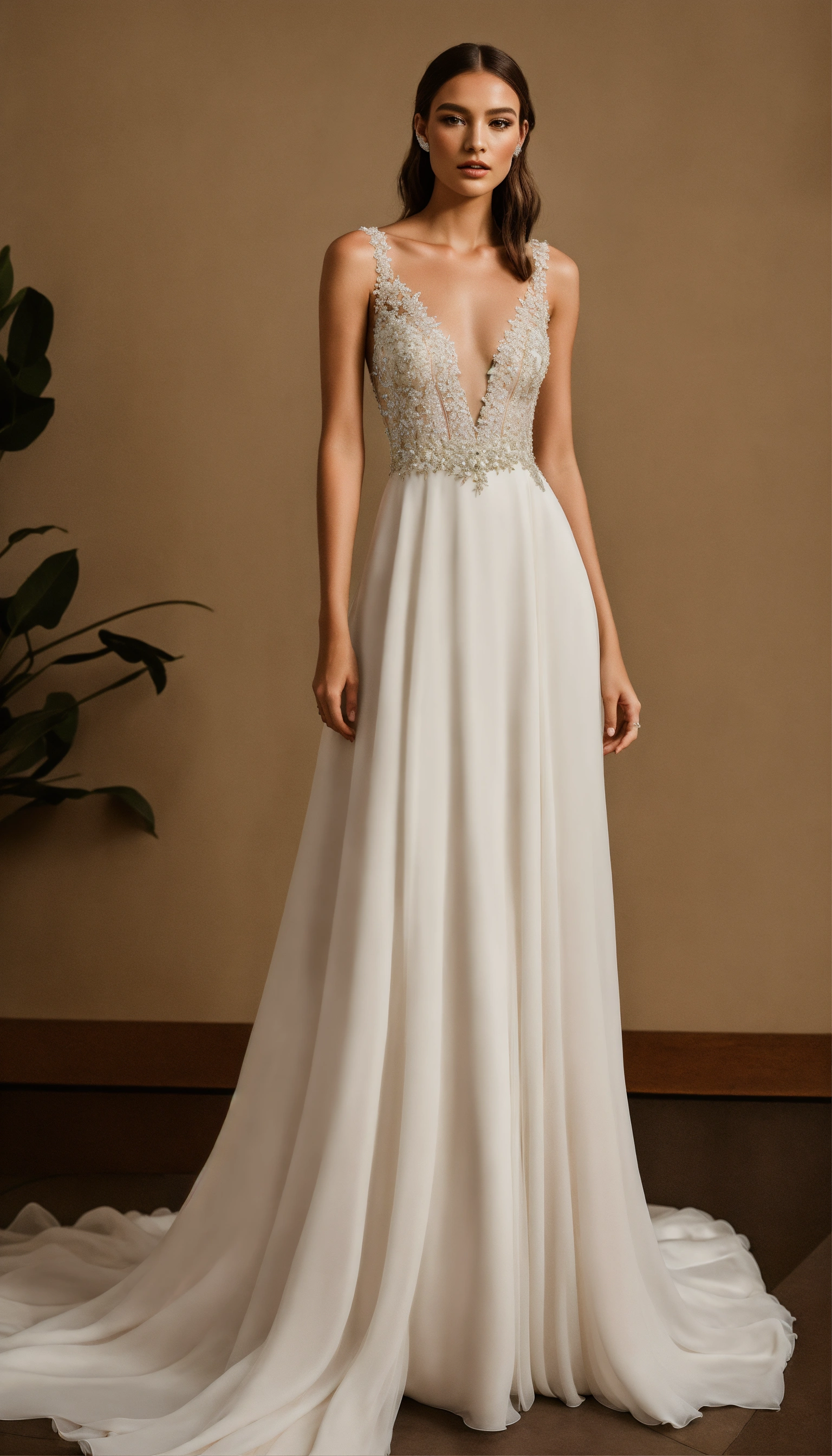 Lexica - Create a realistic photo of a silk and chiffon wedding dress ...