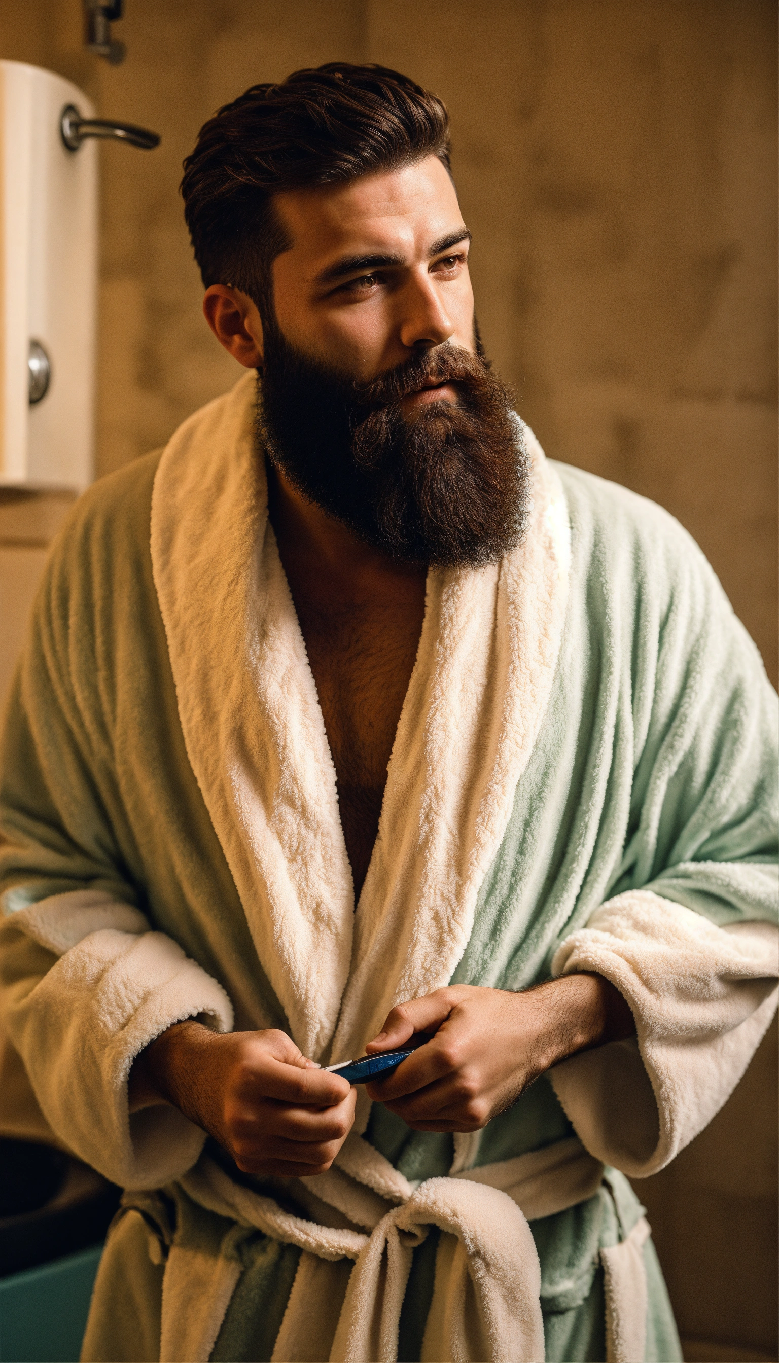 Lexica - Man with full beard with robe on about to shave his beard off ...