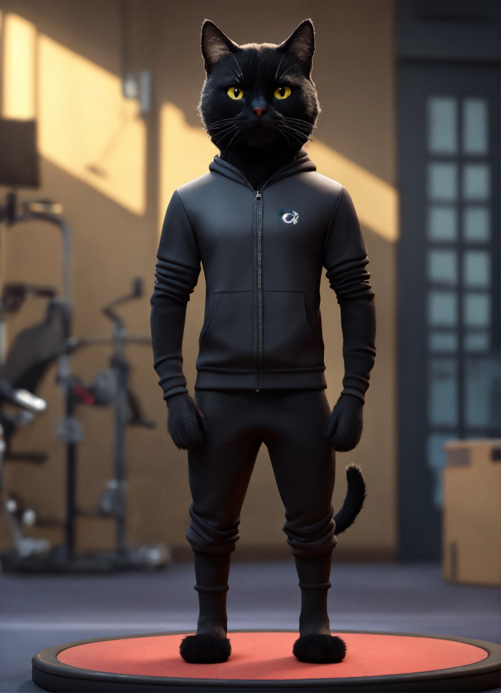 Lexica - A Black cat with fitness wear, like a Man, front view, studio  photo, hyper realistic, fashion, photorealistic, 3d render, Disney style