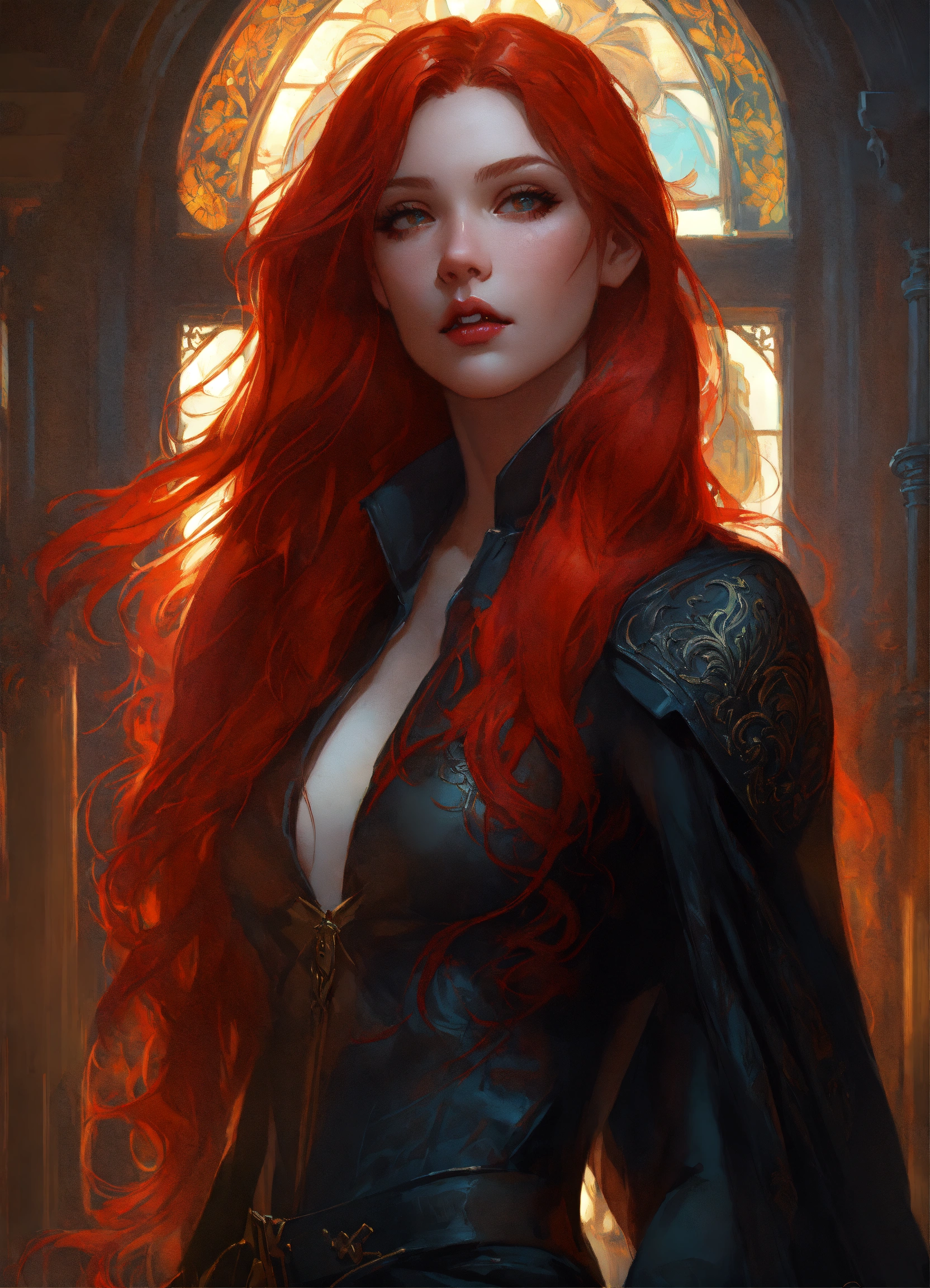 Lexica - Beautiful, red hair, vampire, long hair, black leather ...