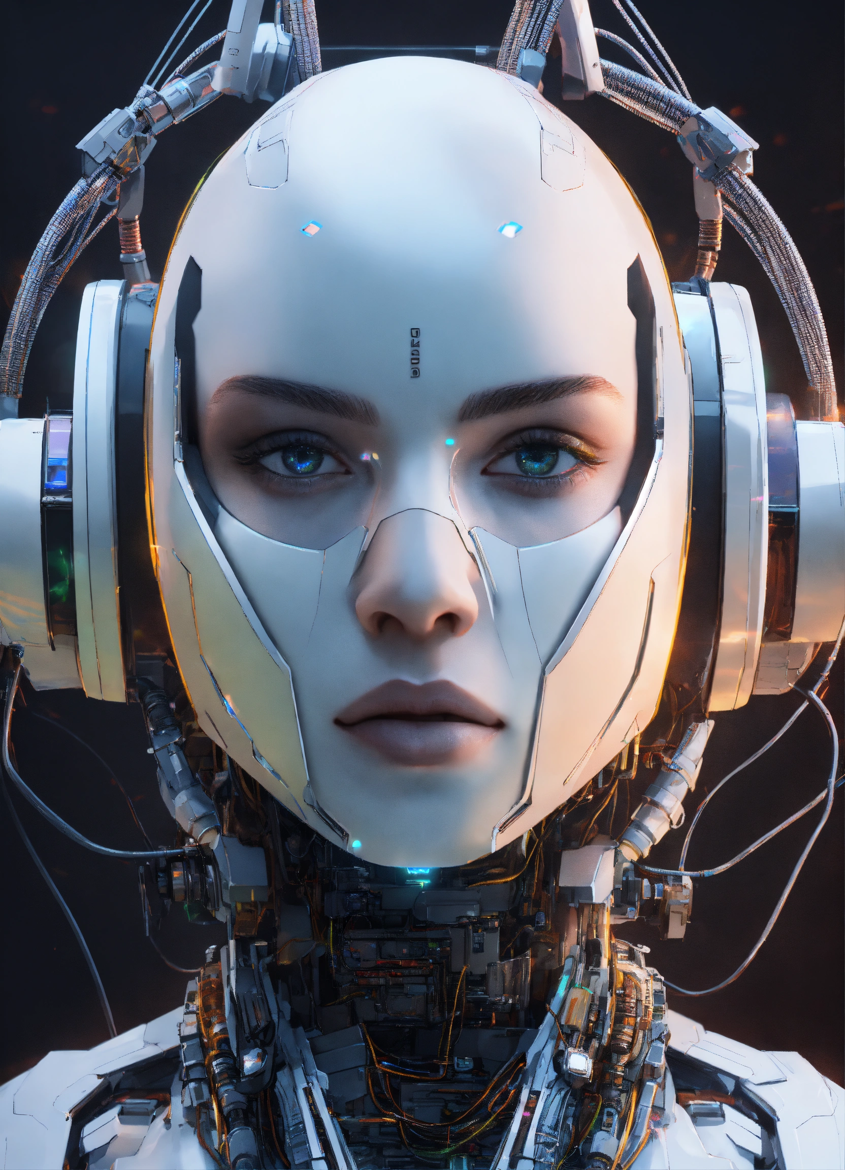 Lexica - Focus on a white robotic head, with cables connected ...