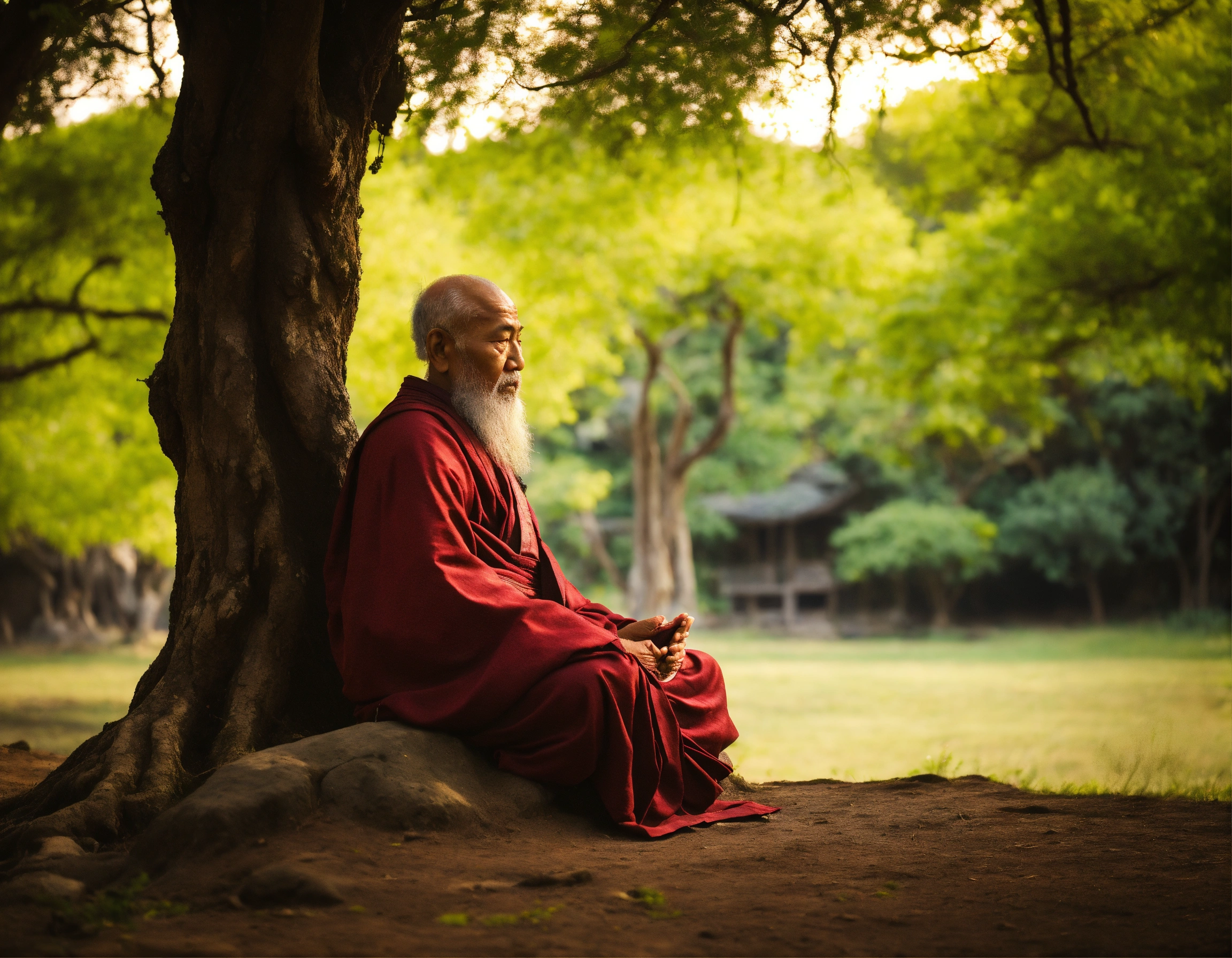 Lexica - Wise old monk in meditation under tree in a tranquil place