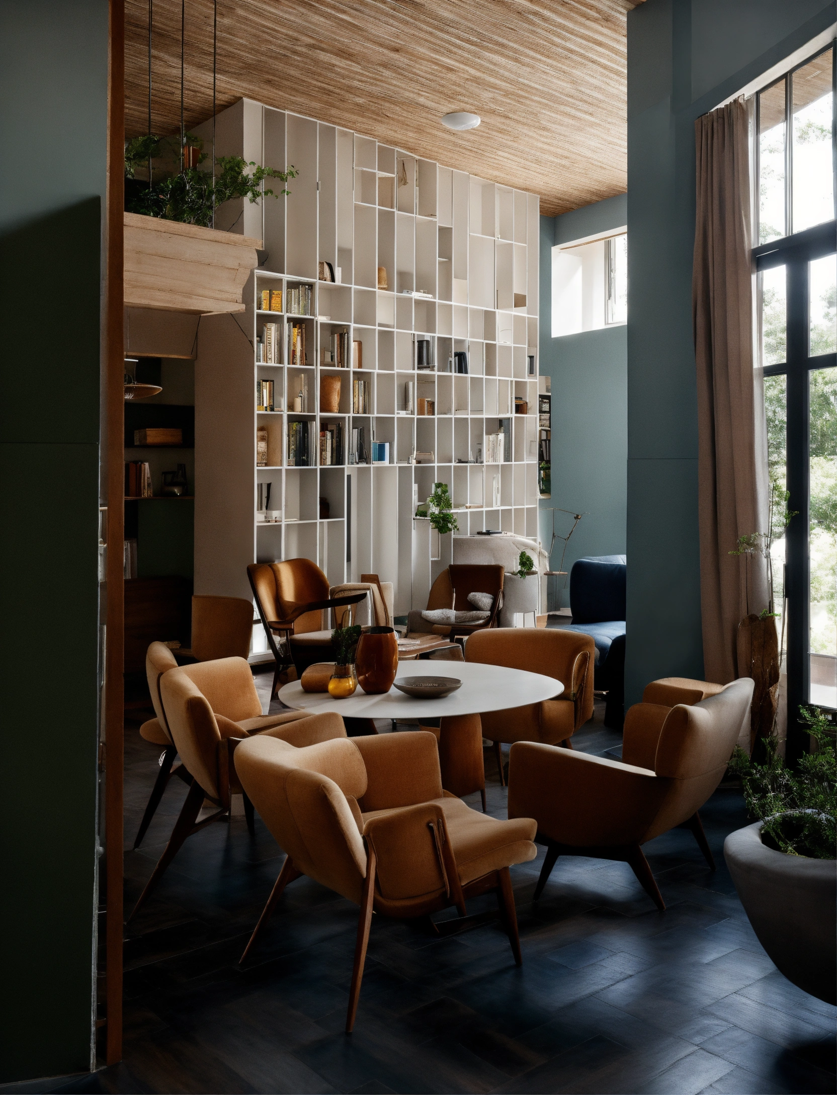 Lexica - Interior . white walls. wooden shelving up to the ceiling ...