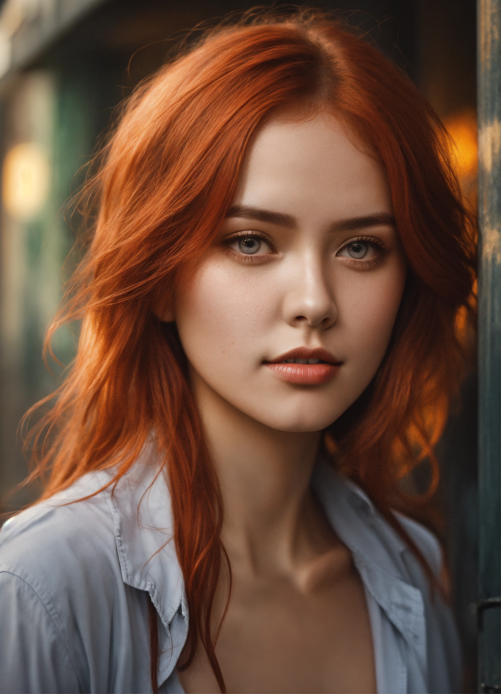 Lexica - Portrait Draw Beautiful Girl Red Hair, Gray Eyes, Open Shirt 