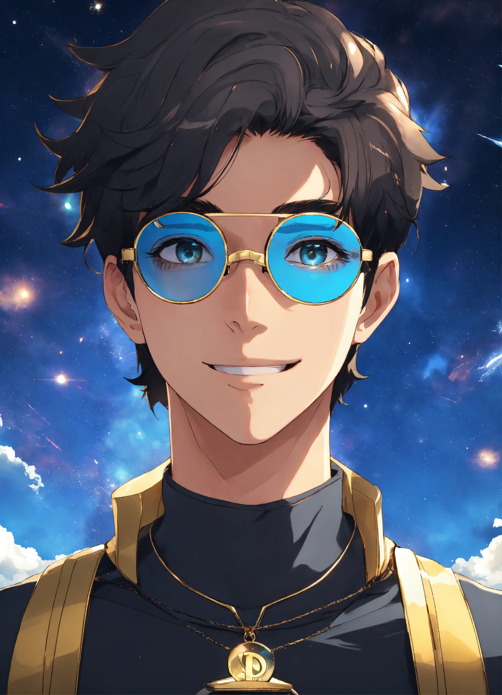 Lexica - A young brown man wearing rectangular blue goggles, only the ...