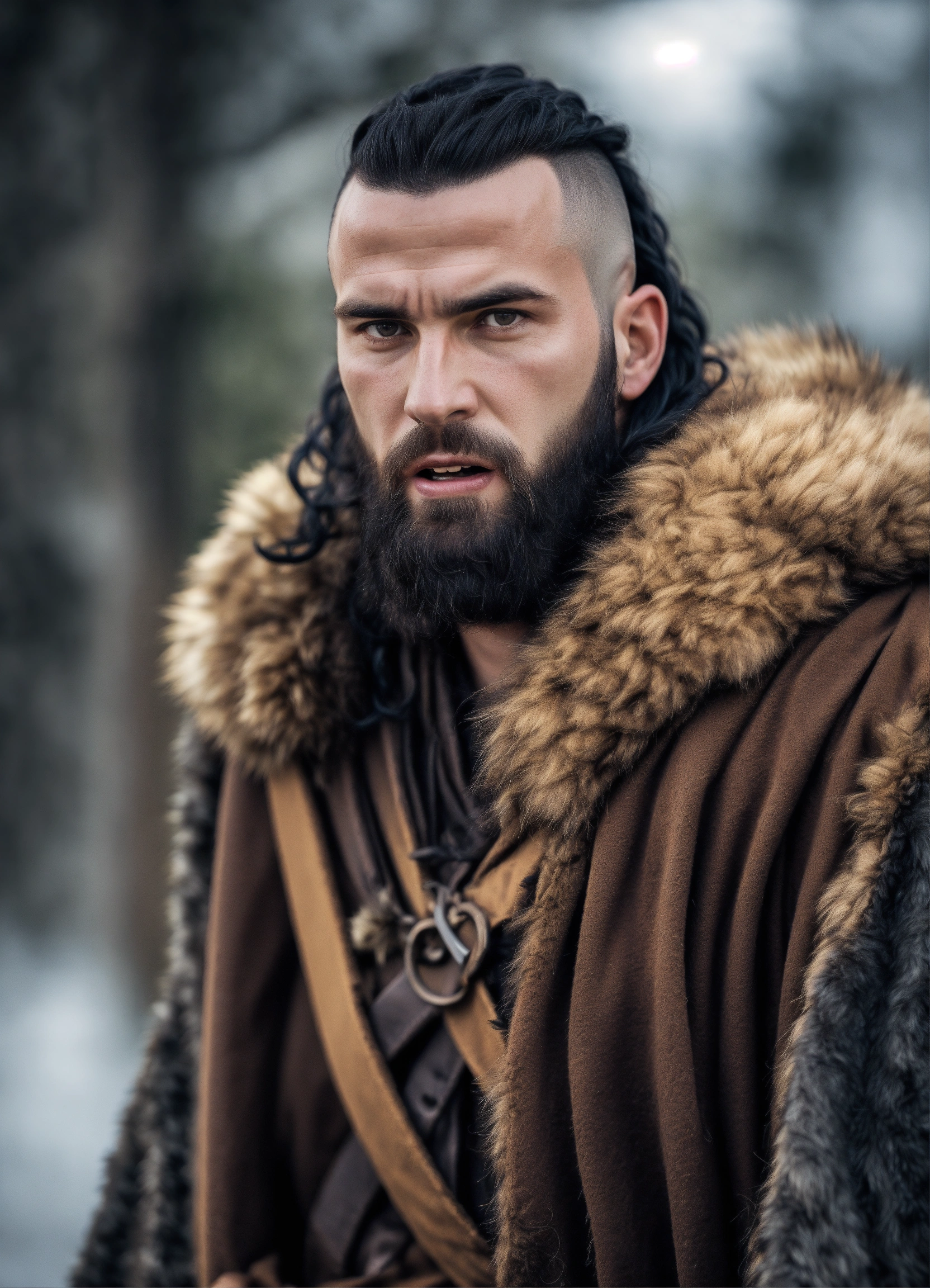 Lexica - In photographic style a rugged scruffy pale german male black hair  at 30 years old tall barbarian with shaved bald head with braided hair ...