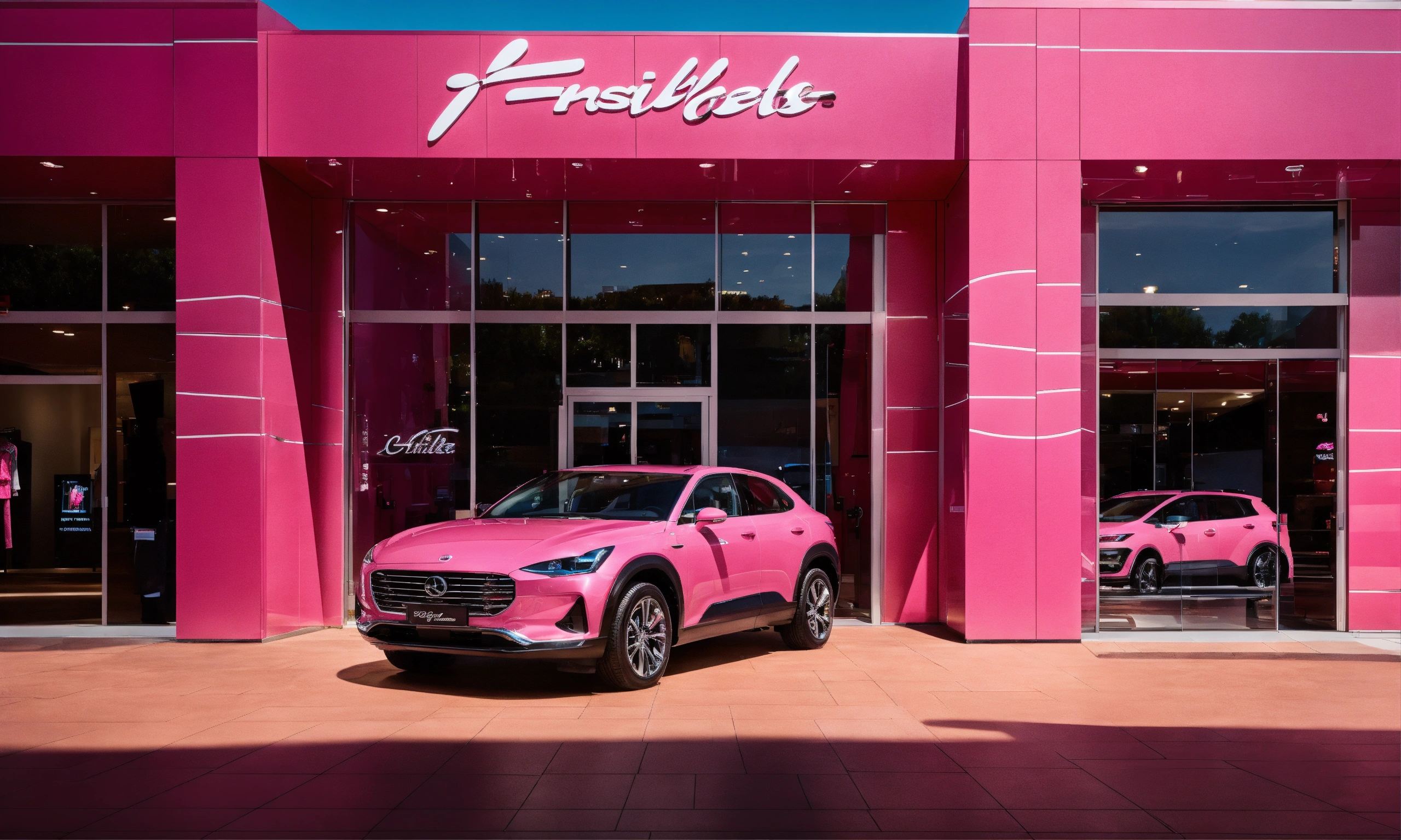 Lexica - Indoor, mall, car rental store, pink car, with large glass ...