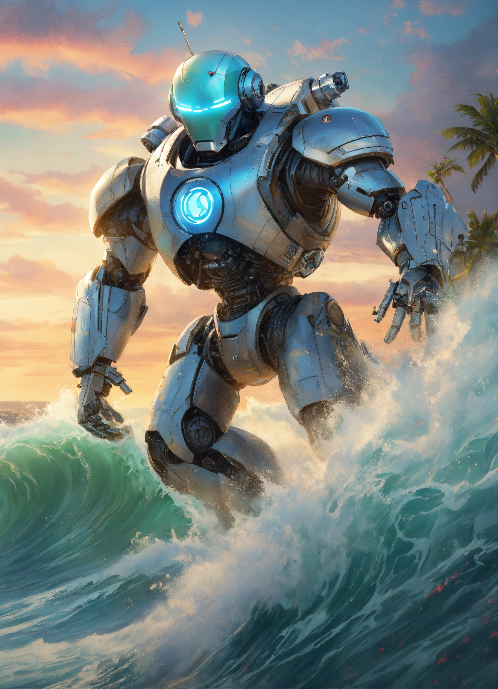 Lexica - Portrait painting of a cute android bot surfin a huge wave in ...