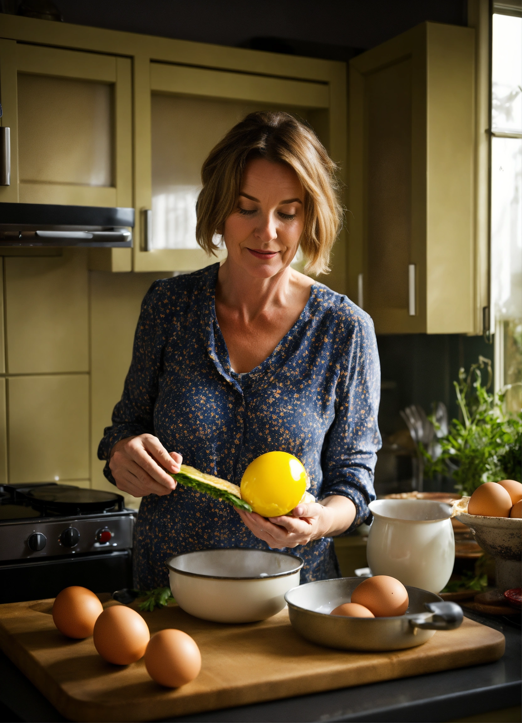 Lexica - British woman, aged 40, in a kitchen cooking an egg