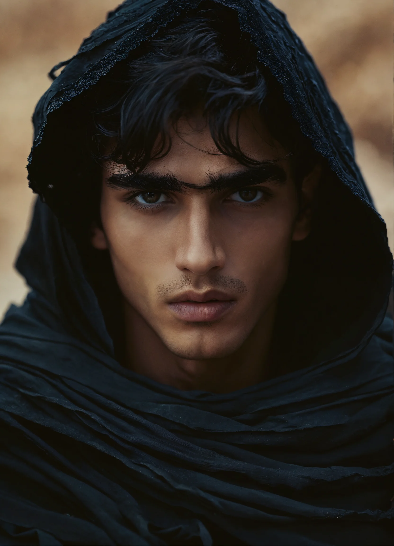 Lexica - Close-up fantasy-inspired portrait of haute couture hauntingly  handsome 19 year old Persian male fashion model looking directly into  camera,...