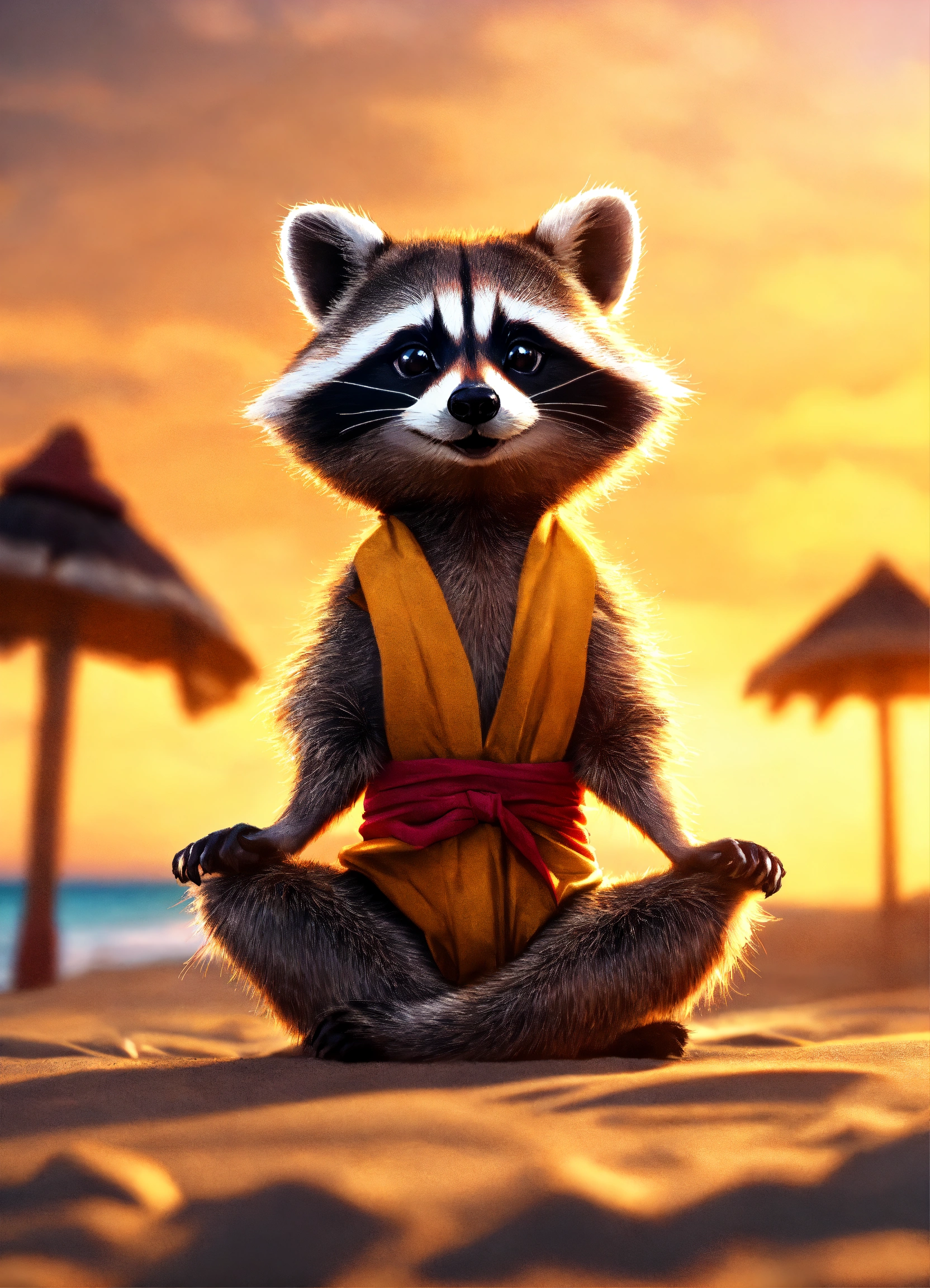 Lexica - Mischievous raccoon doing yoga at the beach, Maya render, 8k ...